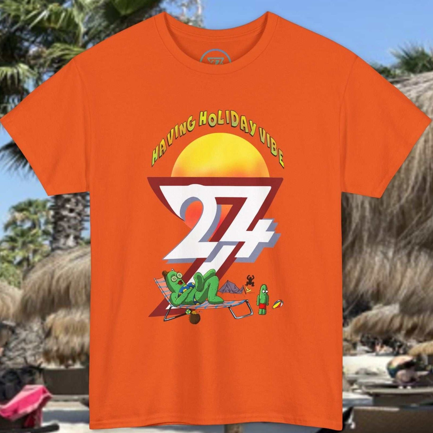 Bright orange graphic tee displaying a funny family camping joke with Cacti Maria and Littleando.