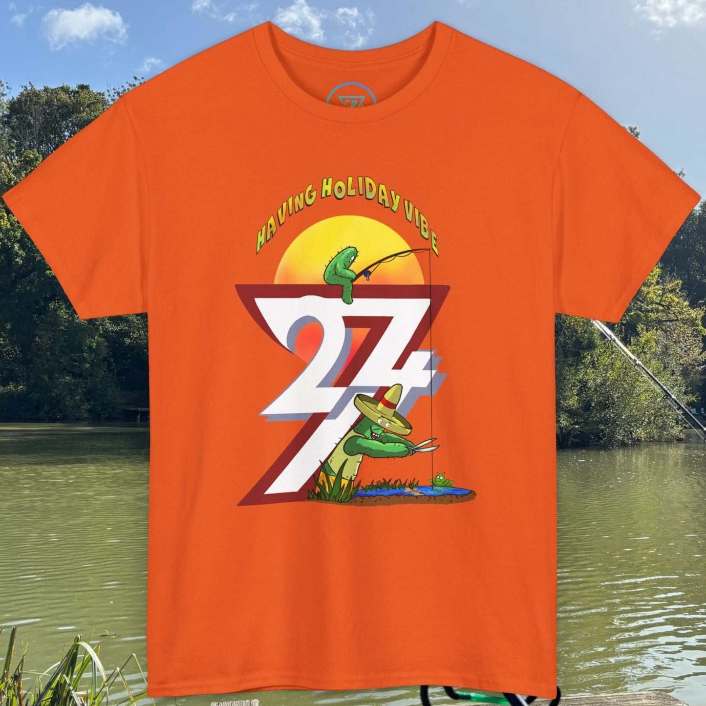 Bright orange humorous fishing t-shirt featuring a green cactus character sneaking up with scissors.