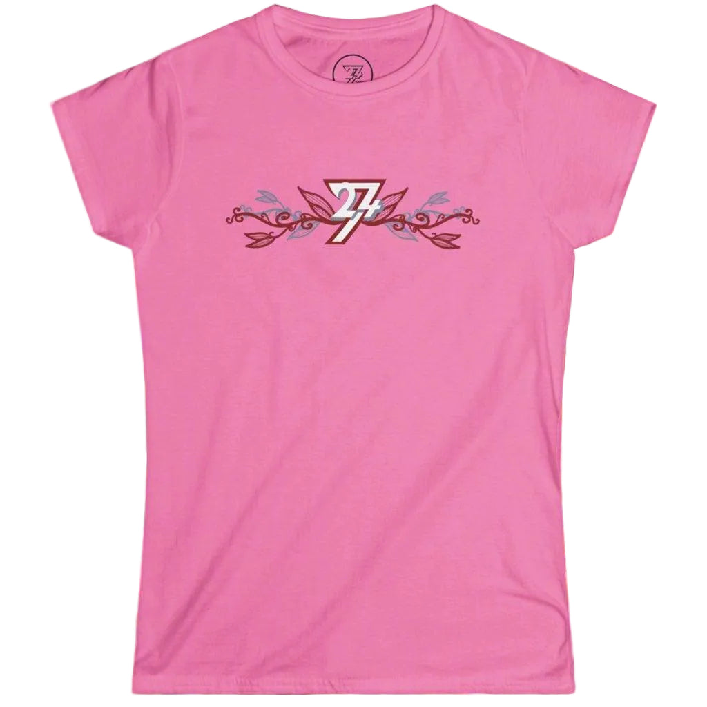 Bright pink ladies graphic tee displaying a delicate, hand-drawn floral and vine design.