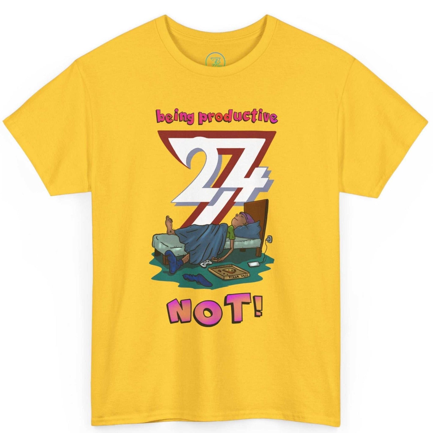 Bright yellow being productive not shirt showcasing the intricate digital illustration, laid flat.