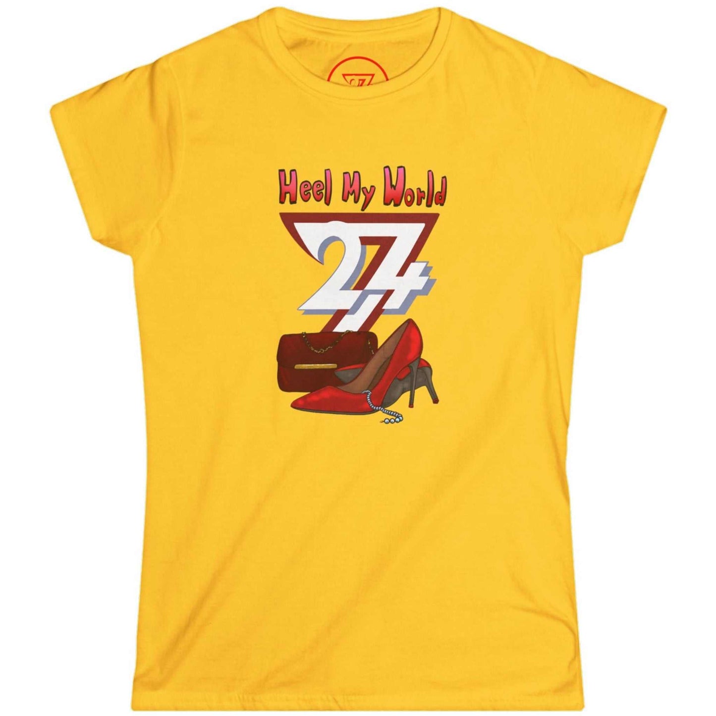 Bright yellow chic women's clothing tee displaying the colorful fashion art, laid flat.
