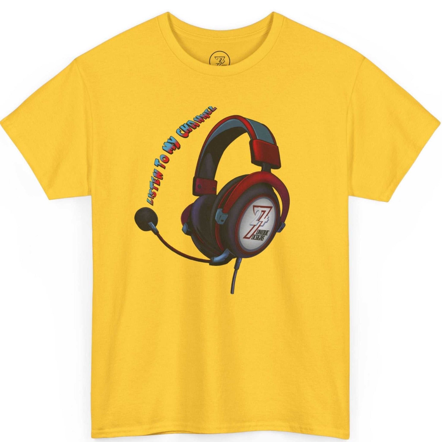 Bright yellow content creator graphic tee showcasing the bold streaming artwork, laid flat.