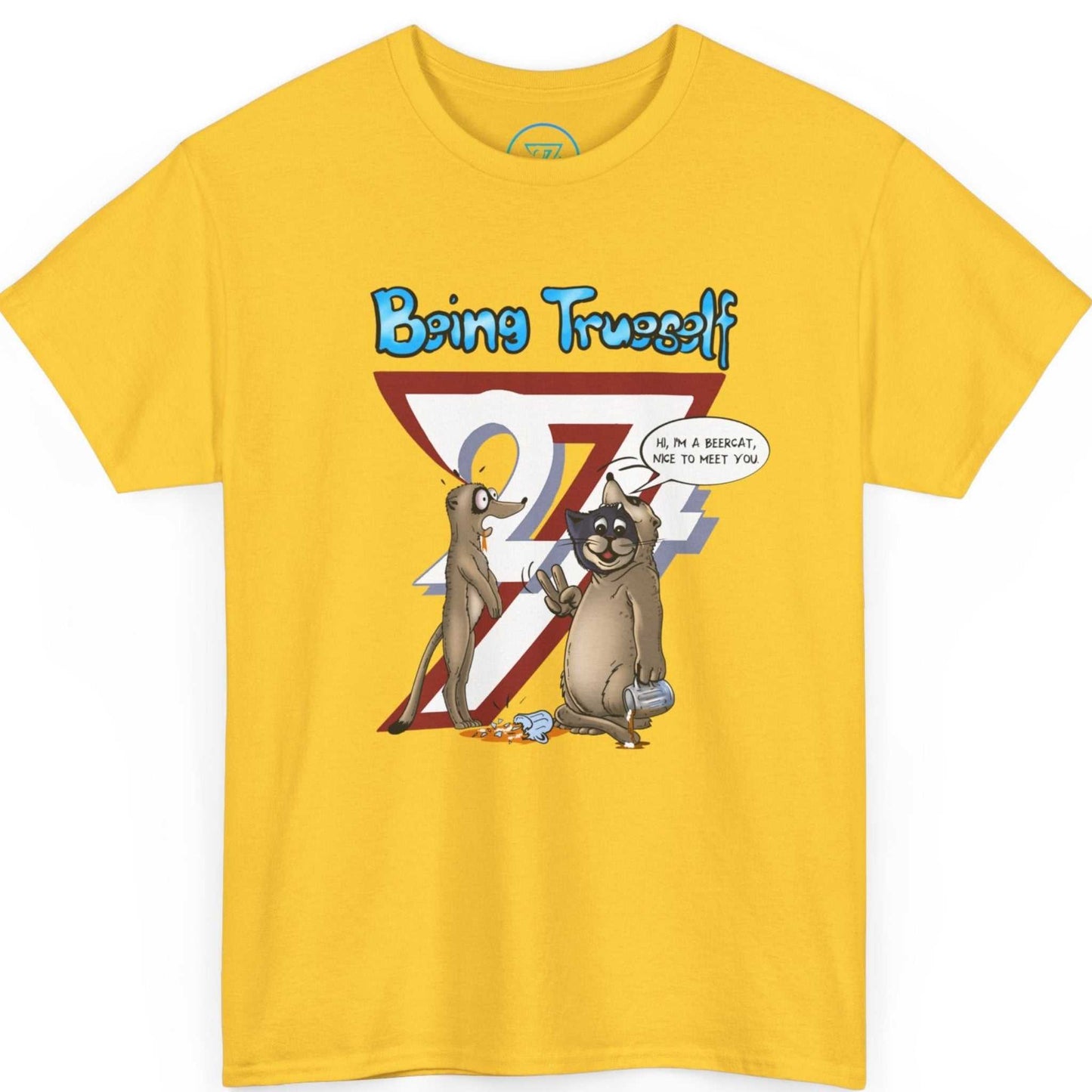 Bright yellow funny tailgate shirt displaying the bold blue typography, laid flat.