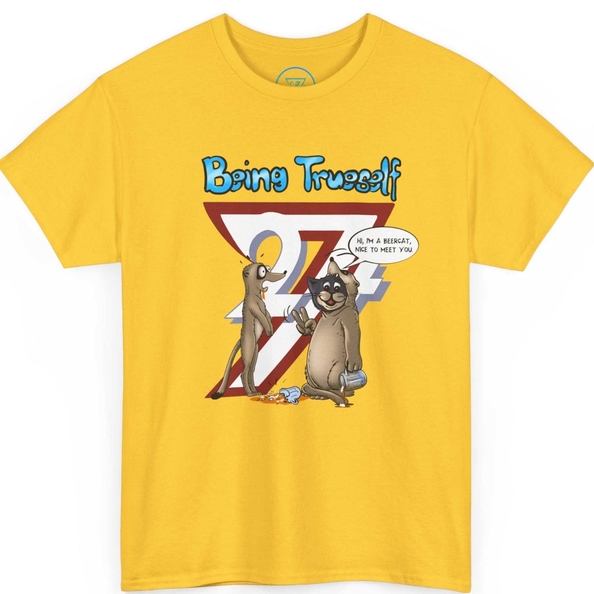 Bright yellow funny tailgate shirt displaying the bold blue typography, laid flat.