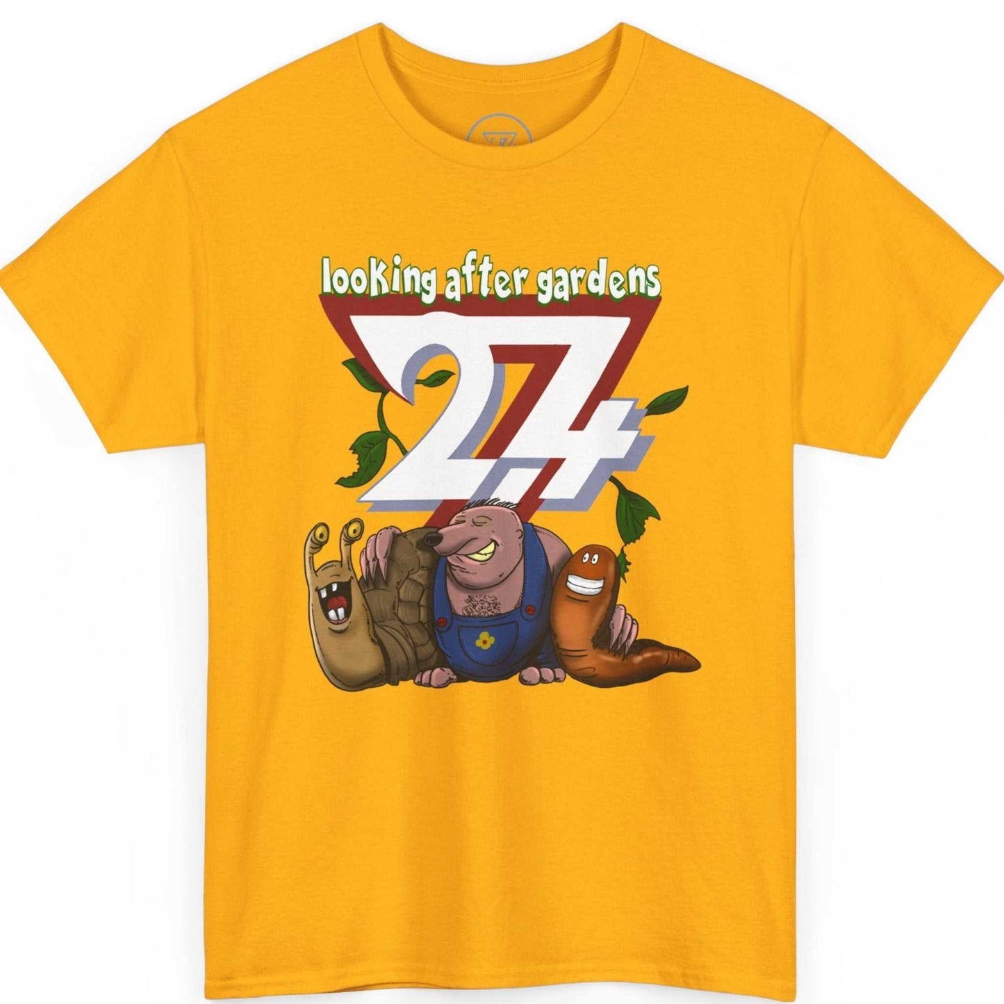 Bright yellow plant lover t-shirt featuring the unique mole character, shown on a clean background.