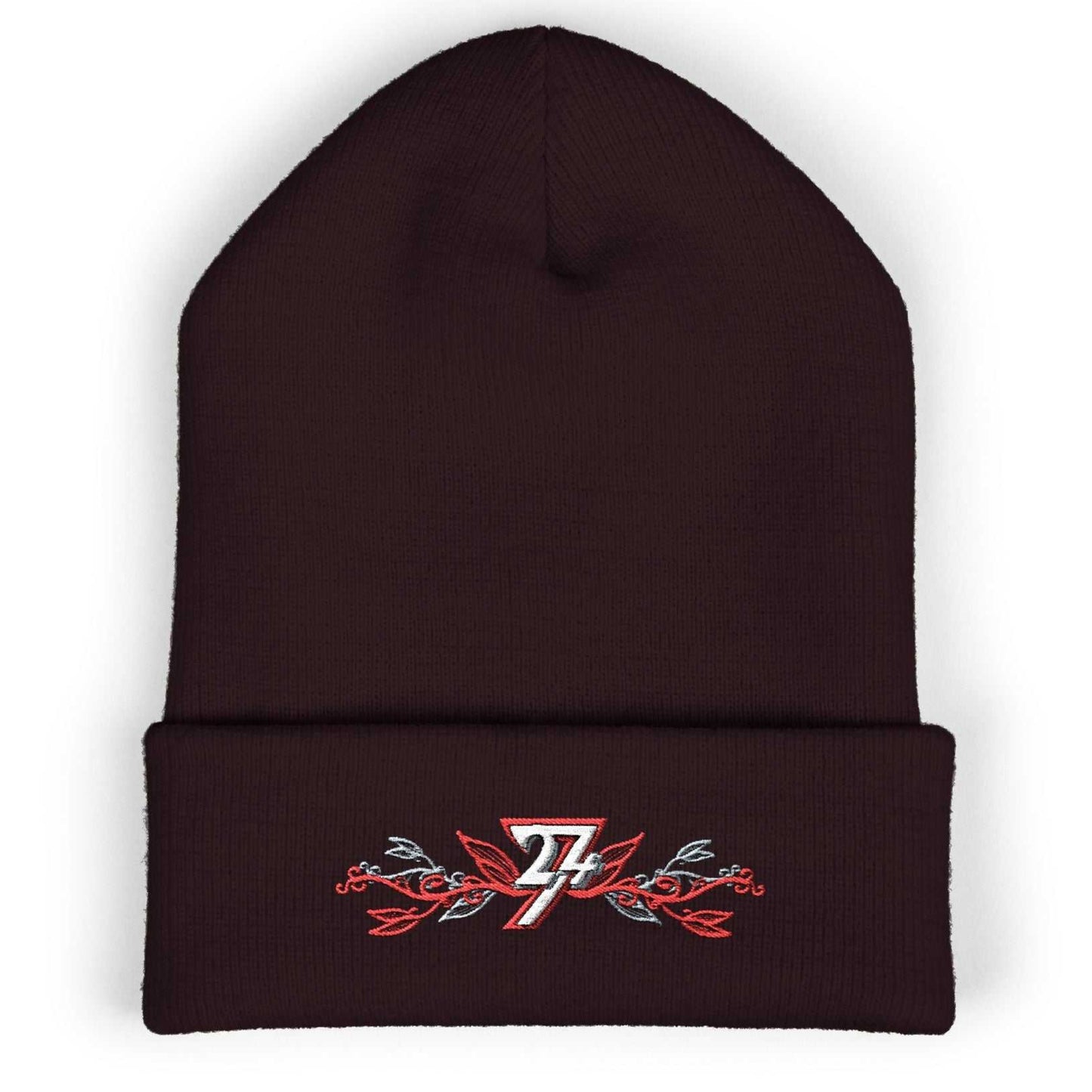 Rich brown colored unique beanie displaying the custom embroidered 24/7 floral emblem.