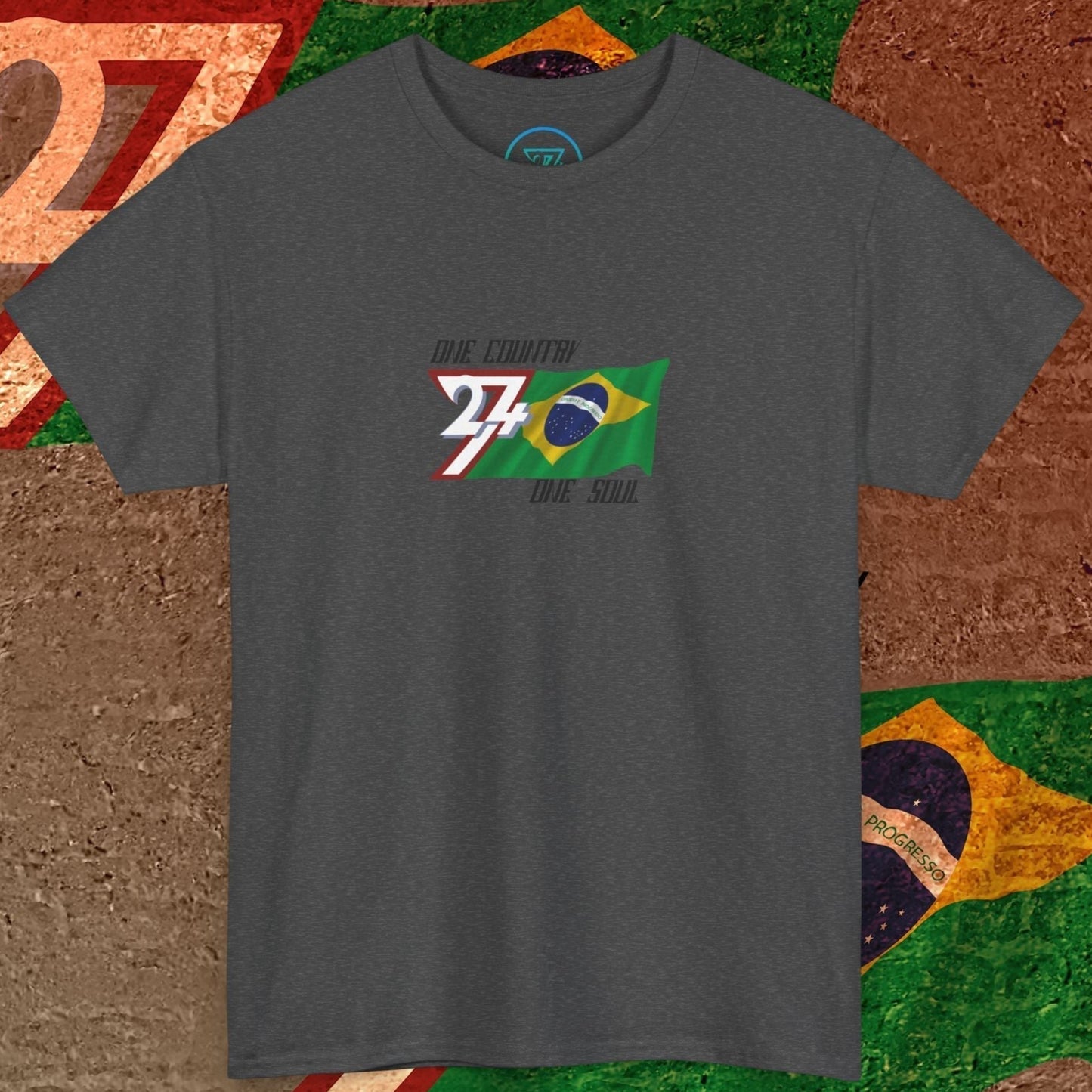 Digitally illustrated Brazil graphic tee in Charcoal showing the hand-drawn flag and 24/7 branding.