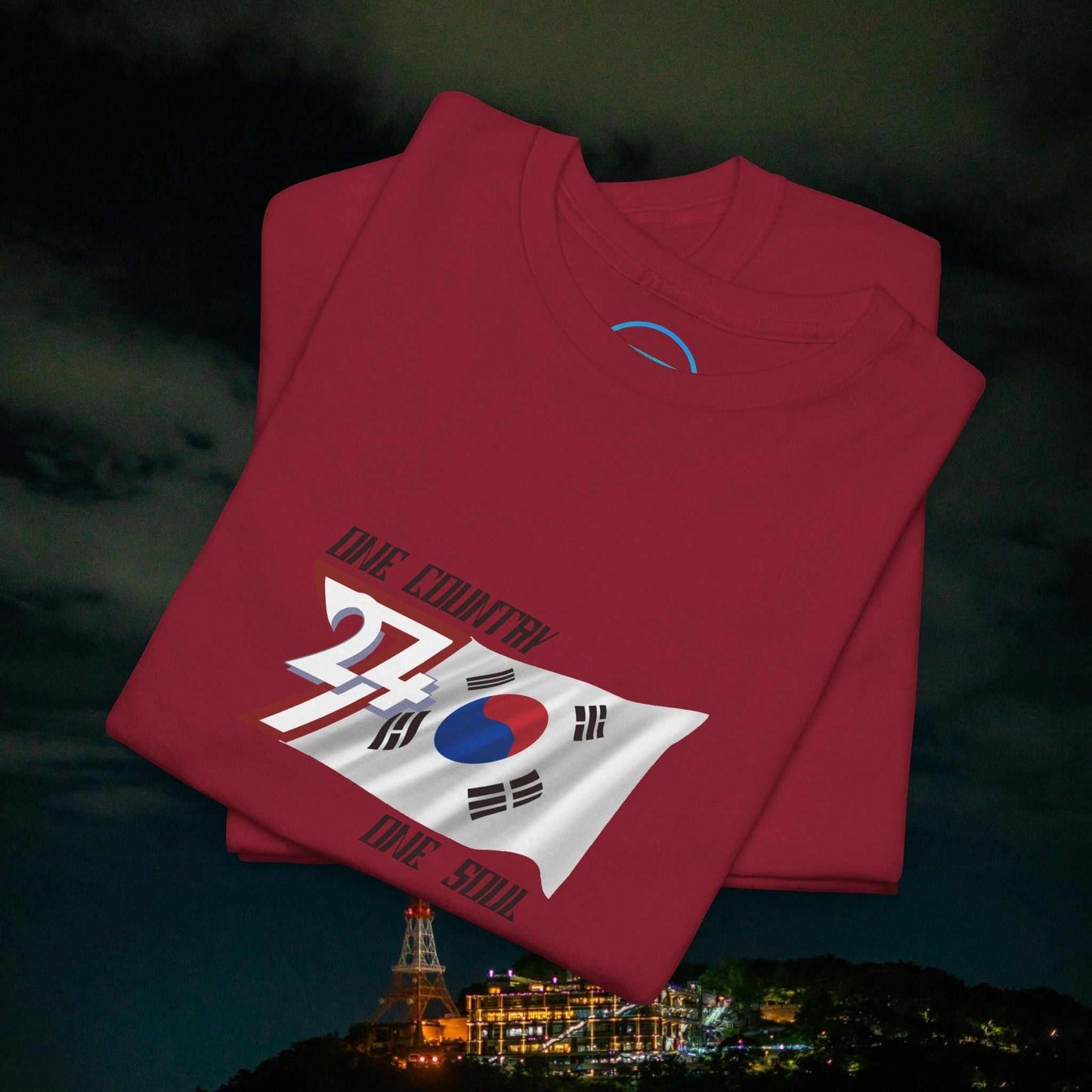 Red South Korea flag graphic tee with hand-drawn Taegeukgi design and "One Country One Soul" text