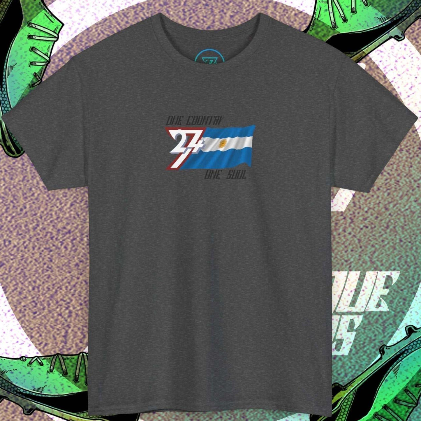 Digitally illustrated Argentina graphic tee in Charcoal showing the hand-drawn flag and 24/7 branding.
