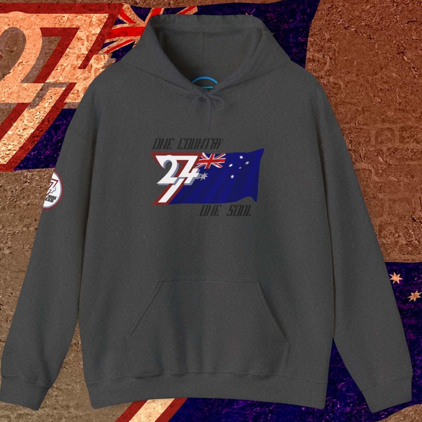 Charcoal Australia hoodie with hand-sketched Southern Cross and 24/7 "One Country One Soul" passion motto.