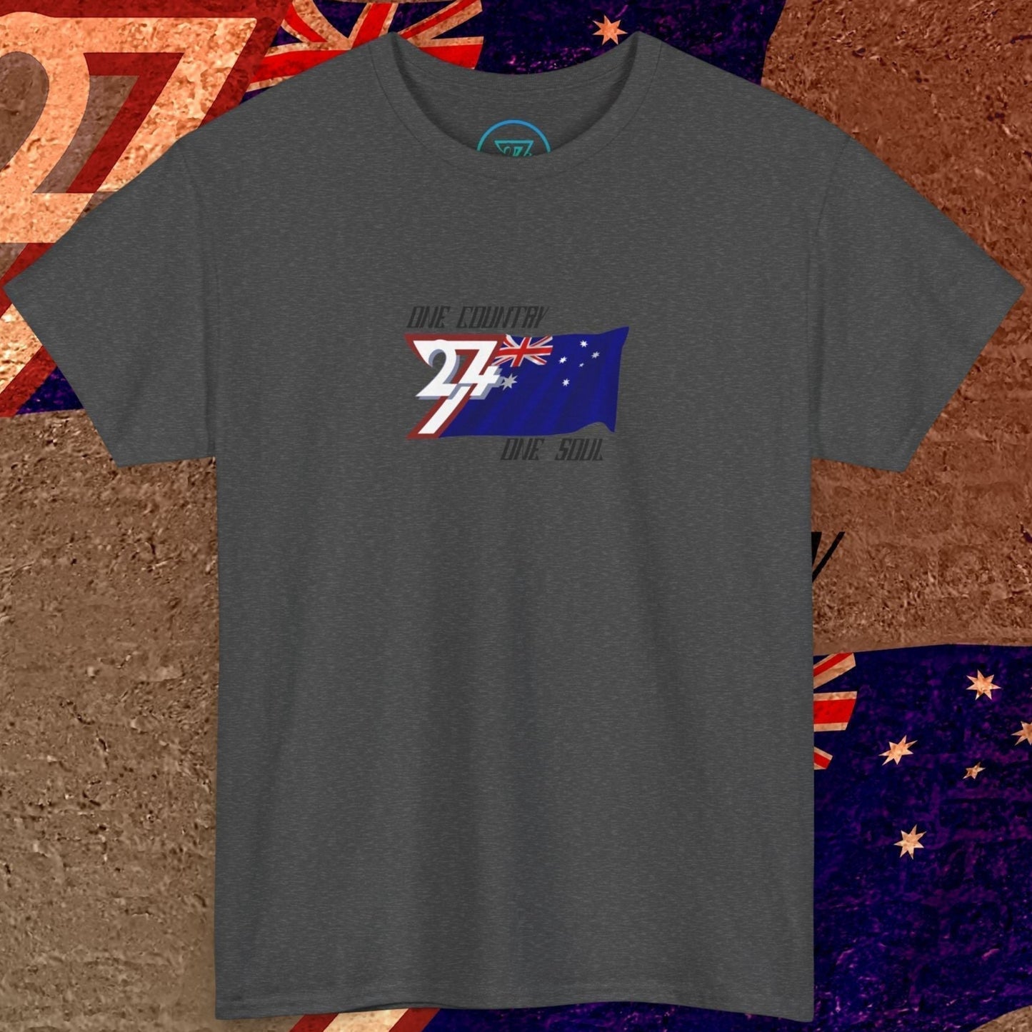 Digitally illustrated Australia graphic tee in Charcoal showing the hand-drawn flag and 24/7 branding.