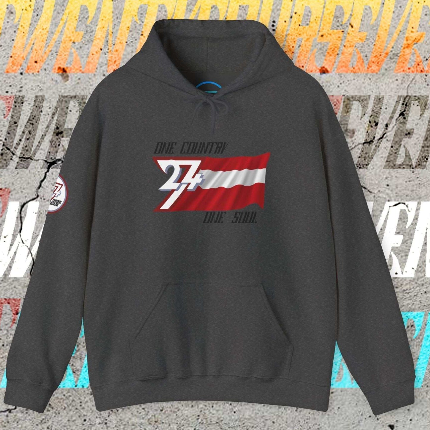 Charcoal Austria hoodie with hand-sketched flag and 24/7 "One Country One Soul" passion motto.