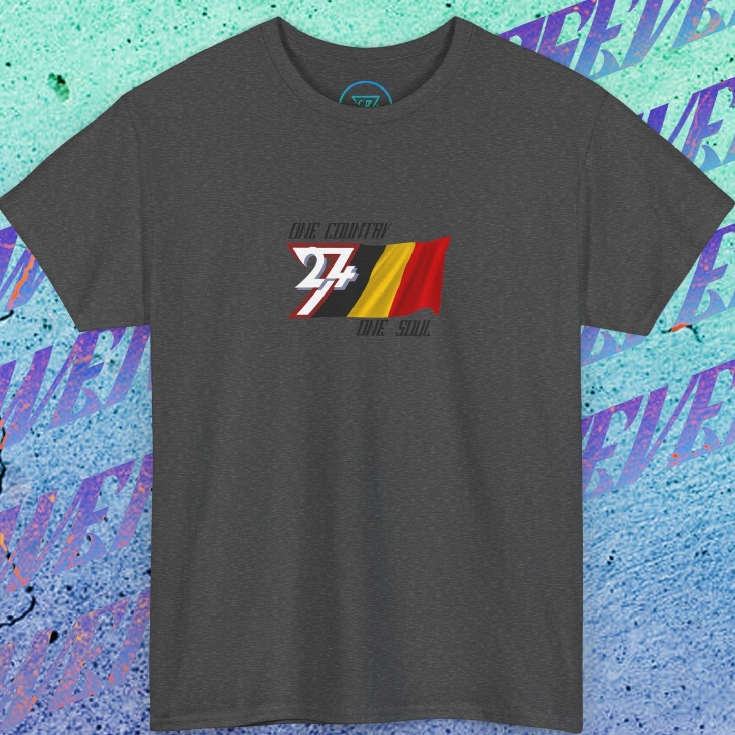 Digitally illustrated Belgium graphic tee in Charcoal showing the hand-drawn flag and 24/7 branding.
