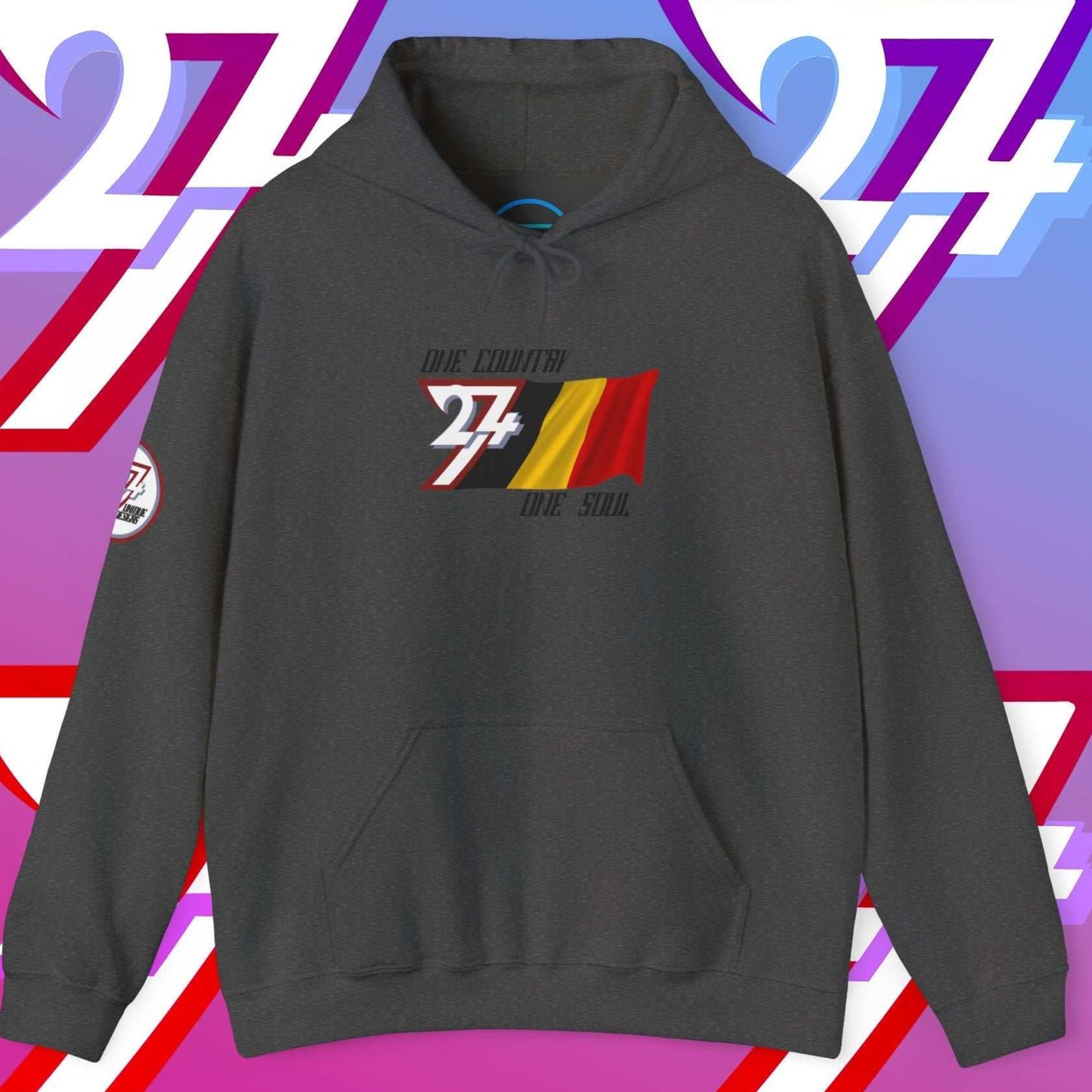 Charcoal Belgium hoodie with hand-sketched flag and 24/7 "One Country One Soul" passion motto.