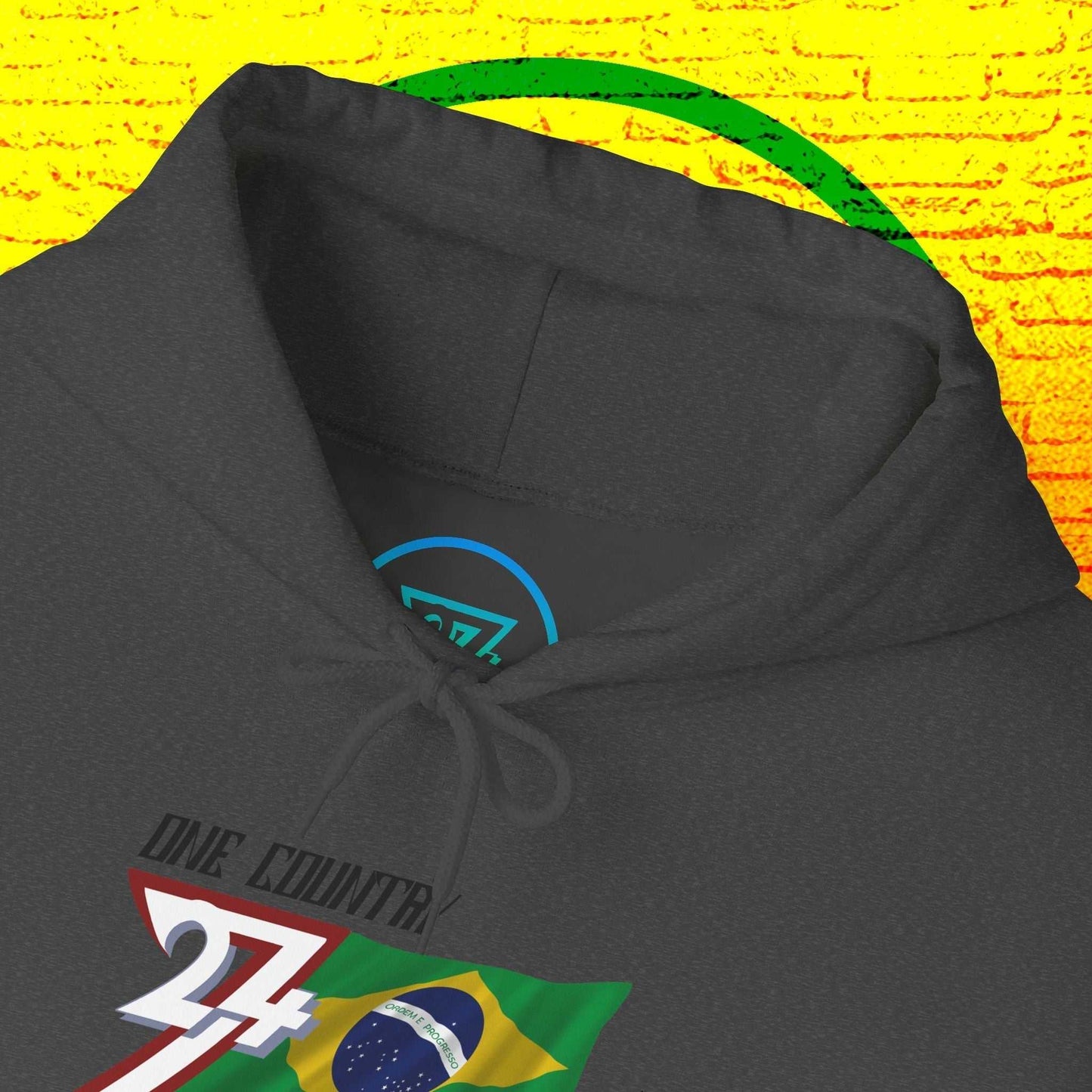 Macro close-up of the inner neck area showing the tear-away label and authentic 24/7 Unique Designs trademark logo.