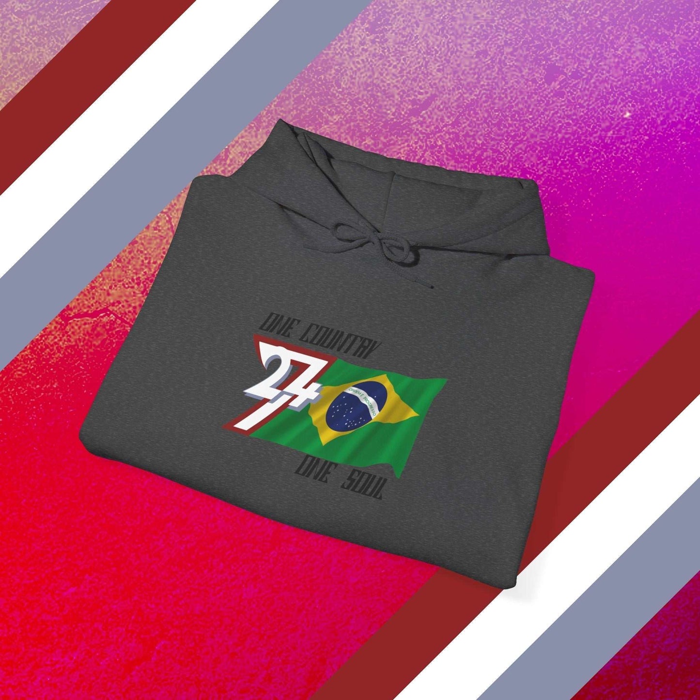 A professional display of the Brazil flag hoodie in Charcoal, folded to showcase the refined hand-drawn graphic and 8oz fabric weight.