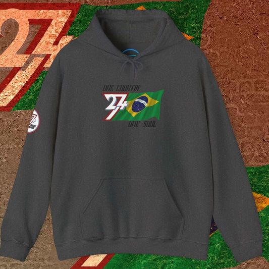 Front view of the Charcoal Brazil flag hoodie showing the refined hand-drawn design and "One Country One Soul" slogan.