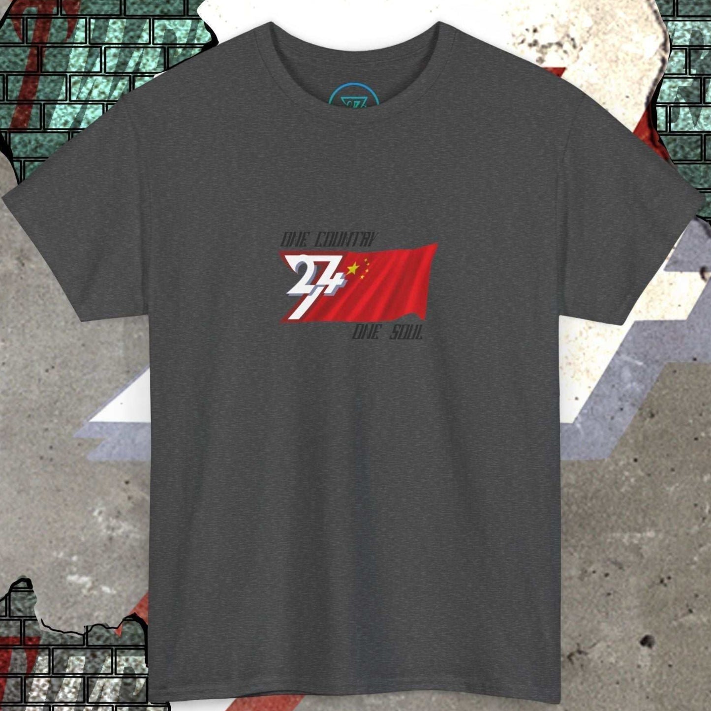 Digitally illustrated China graphic tee in Charcoal showing the hand-drawn flag and 24/7 branding.