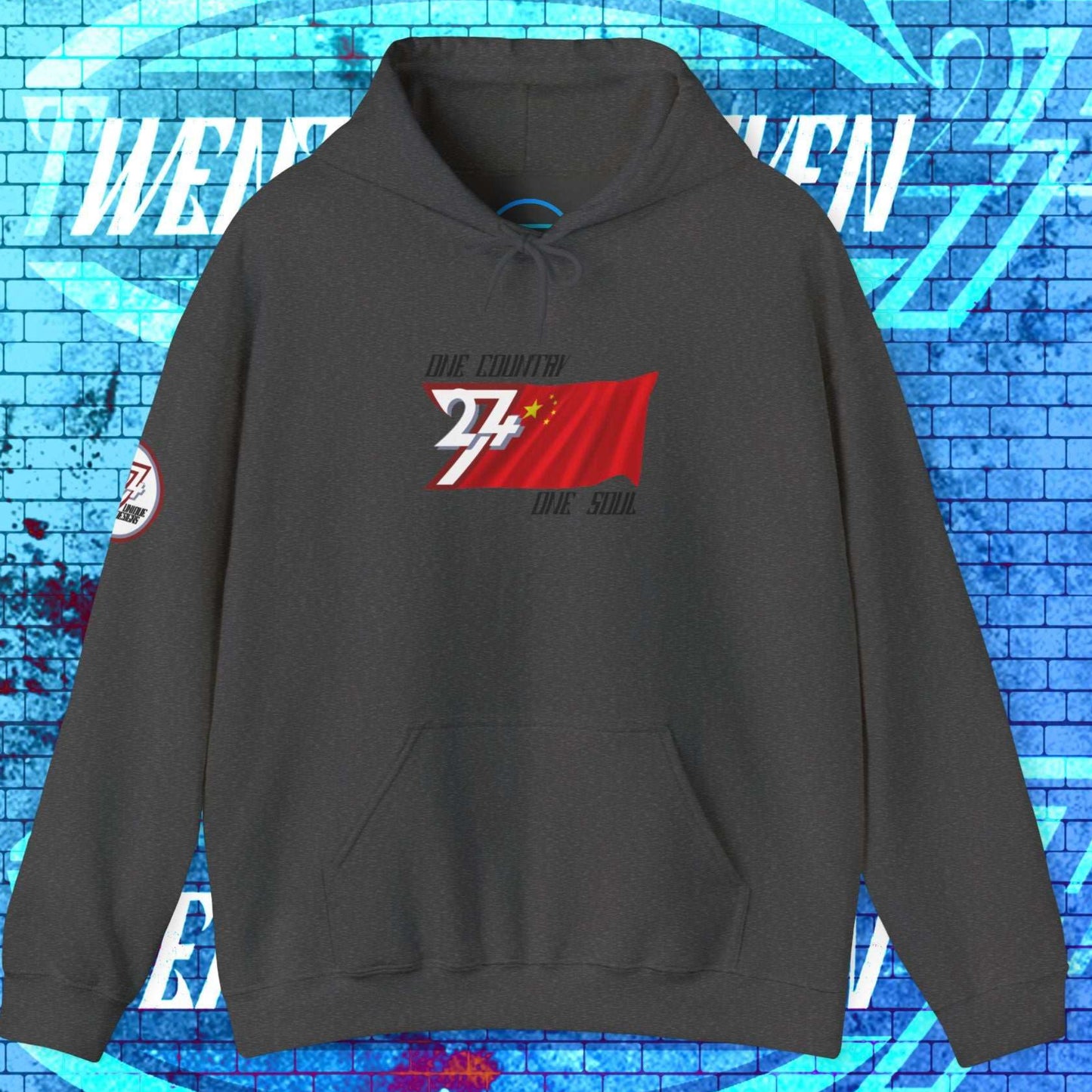 Front view of the Charcoal China flag hoodie showing the refined hand-drawn design and "One Country One Soul" slogan.