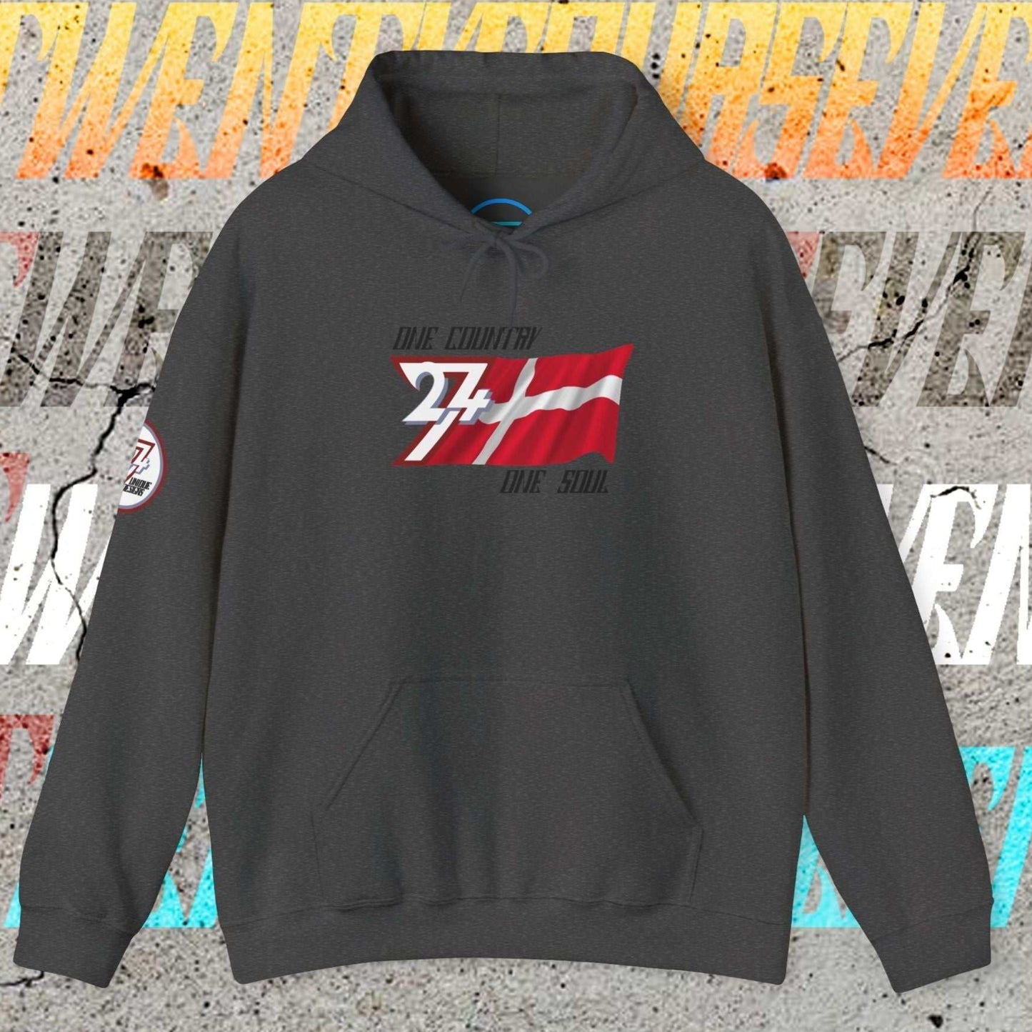 Charcoal Danmark hoodie with hand-sketched cross and 24/7 "One Country One Soul" passion motto.