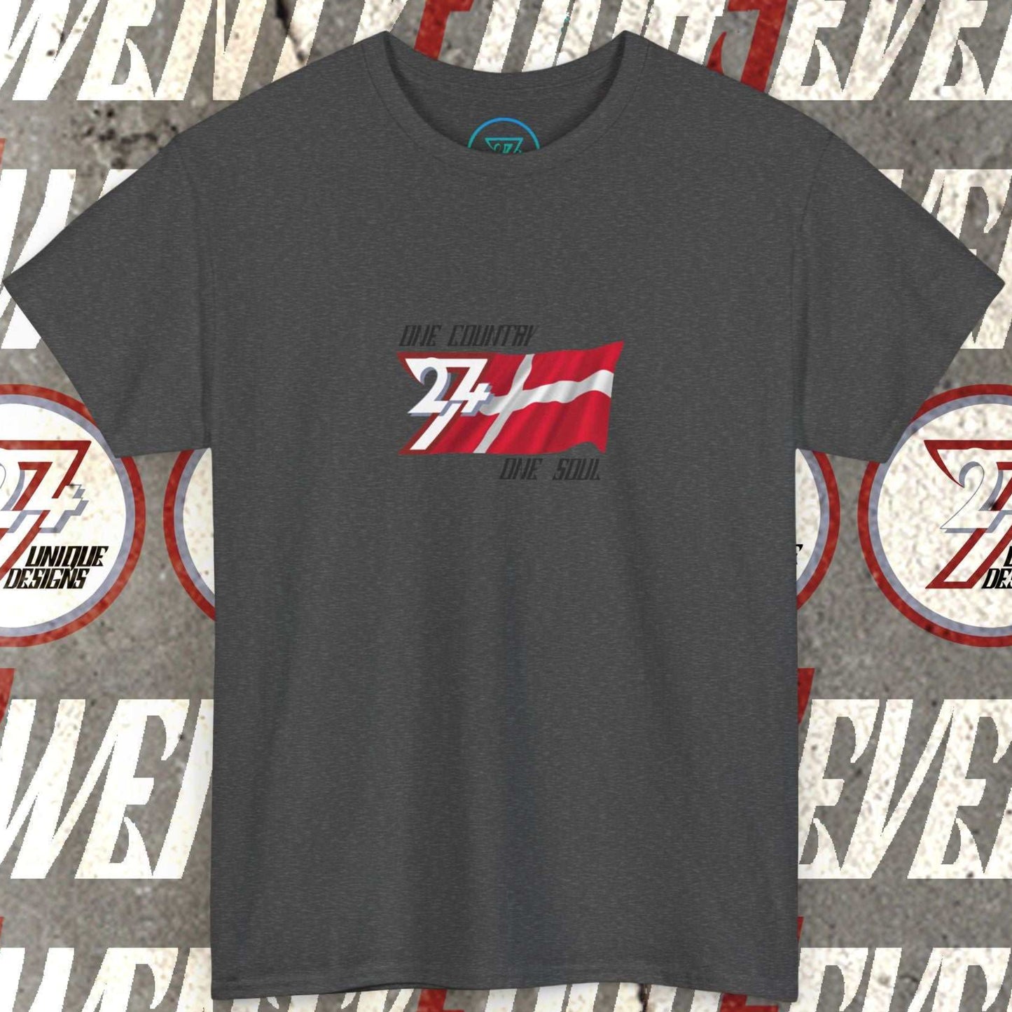 Digitally illustrated Denmark graphic tee in Charcoal showing the hand-drawn flag and 24/7 branding.
