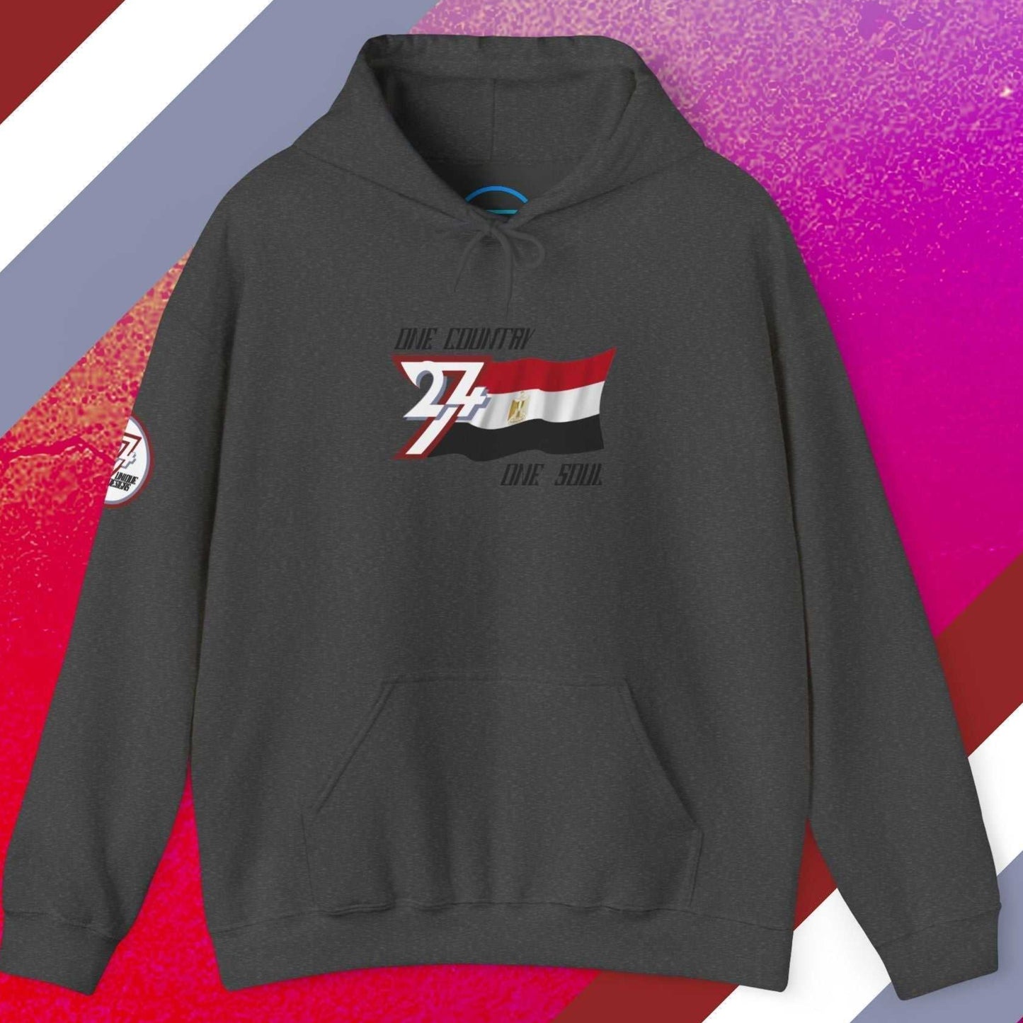 Front view of the Charcoal Egypt flag hoodie showing the refined hand-drawn design and "One Country One Soul" slogan.