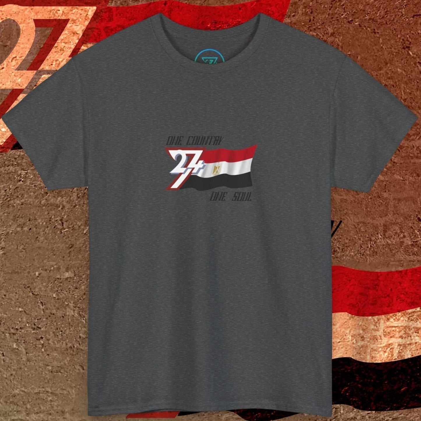 Digitally illustrated Egypt graphic tee in Charcoal showing the hand-drawn flag and 24/7 branding.