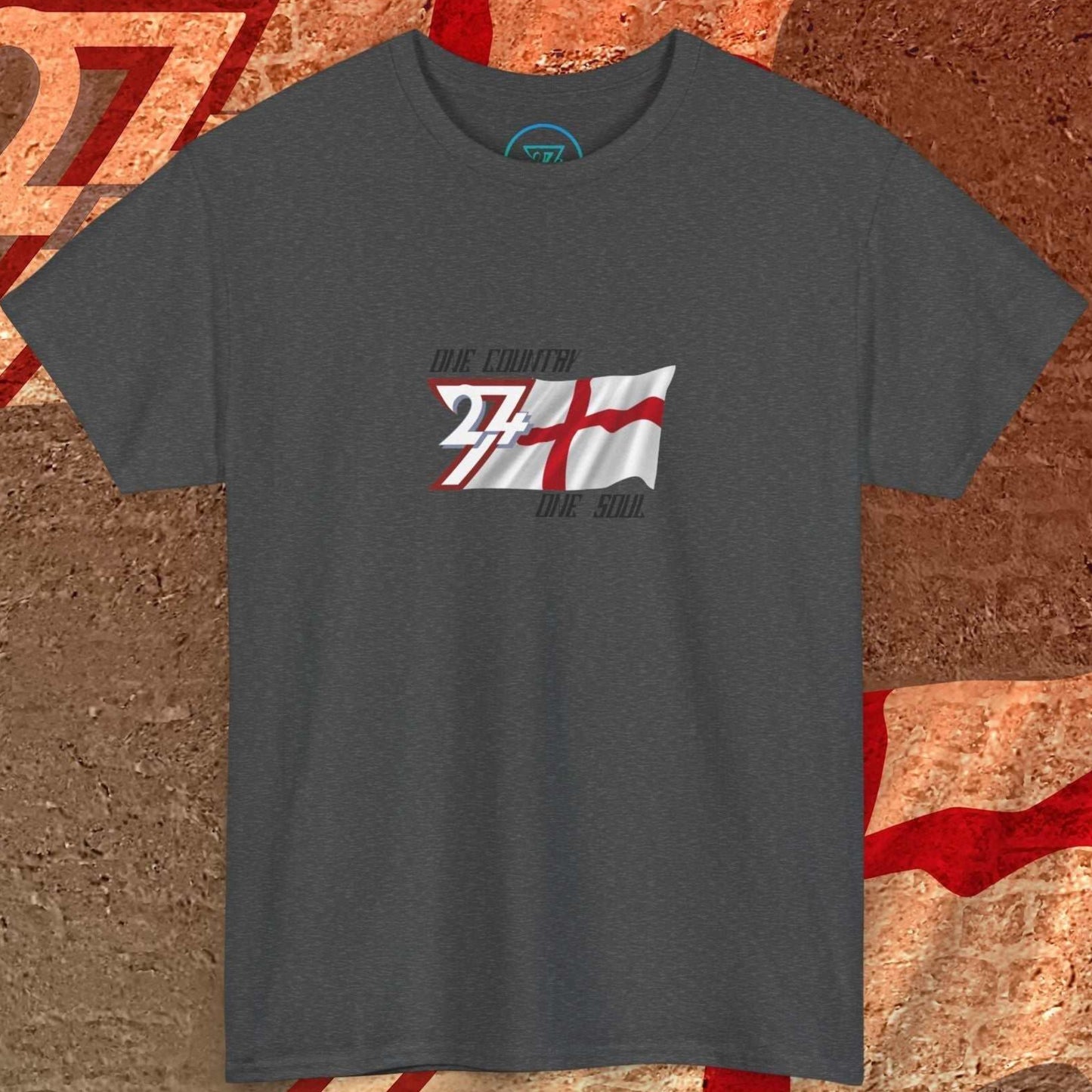 Digitally illustrated England graphic tee in Charcoal showing the hand-drawn flag and 24/7 branding.