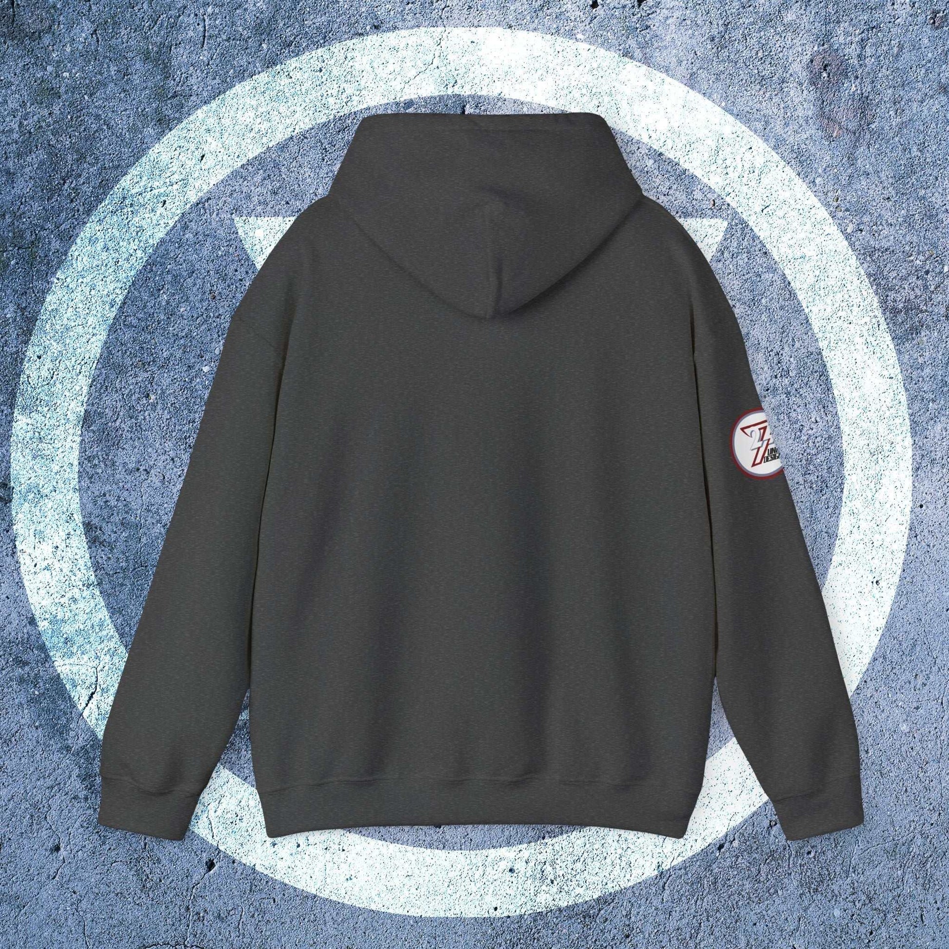The clean, unprinted reverse of the Suomi hoodie, highlighting the structured drape and double-lined hood detail.