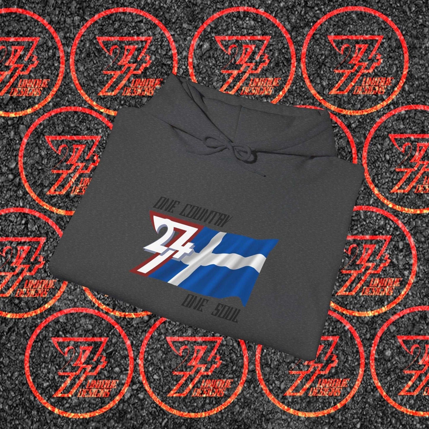 A professionally display of a folded Charcoal Suomi hoodie, showcasing the thickness of the 8oz fleece.