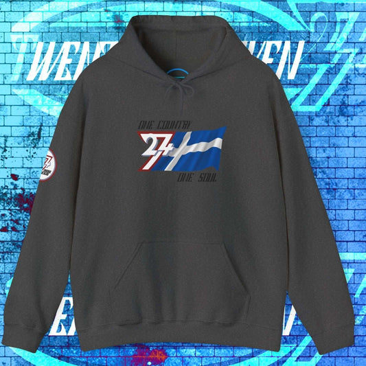 A deep Charcoal Suomi hoodie featuring the hand-sketched Finnish cross and the 24/7 passion-driven "One Country One Soul" motto.