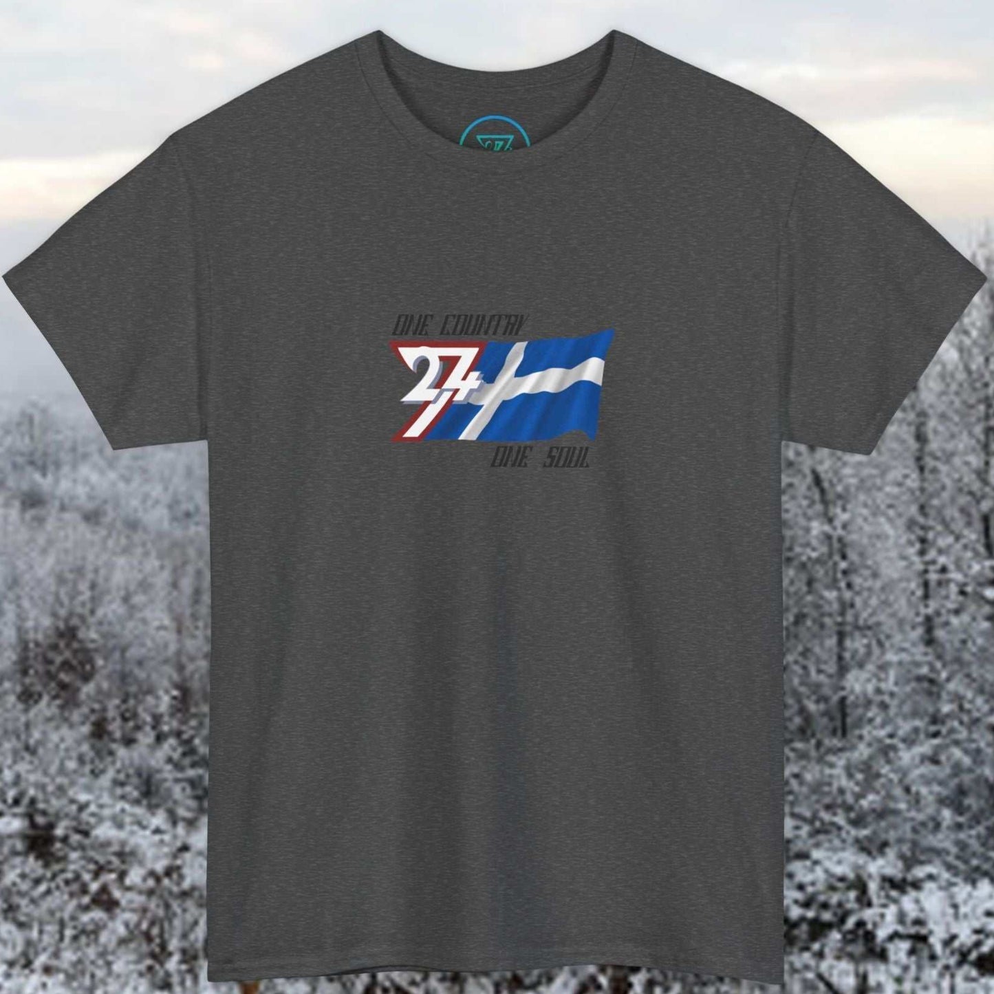 Digitally illustrated Finland graphic tee in Charcoal showing the hand-drawn flag and 24/7 branding.