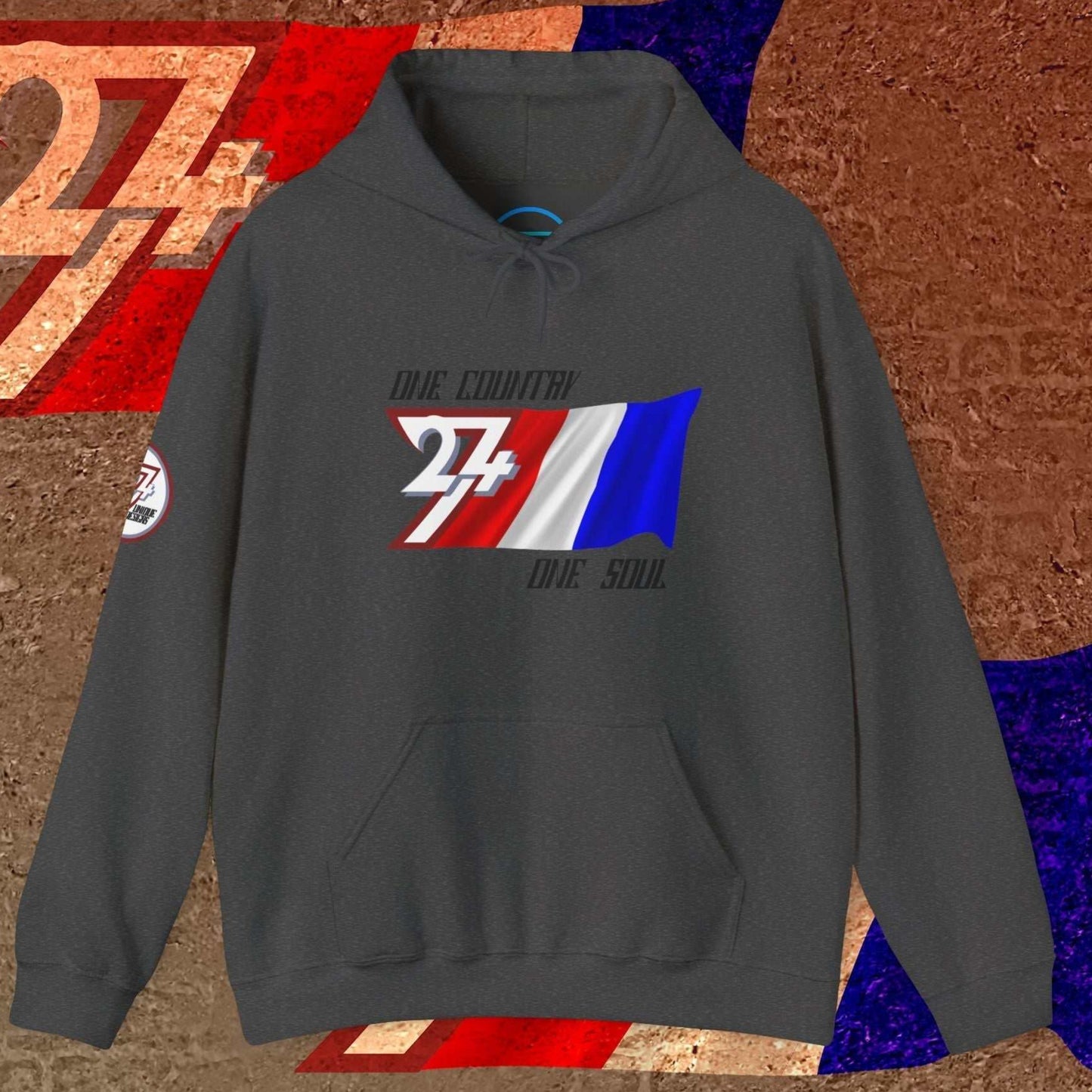 A dark Charcoal France hoodie featuring a sharp, hand-sketched tricolor and the 24/7 passion-driven "One Country One Soul" motto.