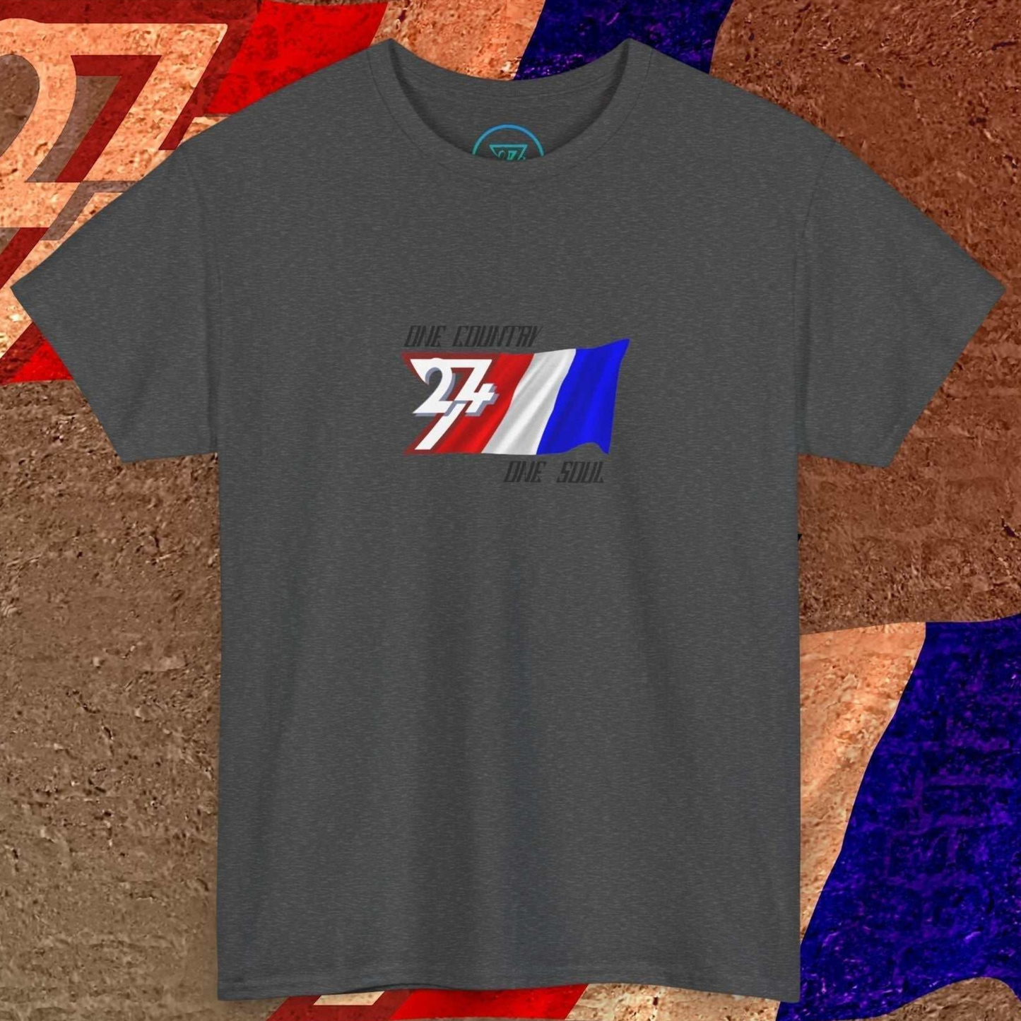 Digitally illustrated France graphic tee in Charcoal showing the hand-drawn flag and 24/7 branding.