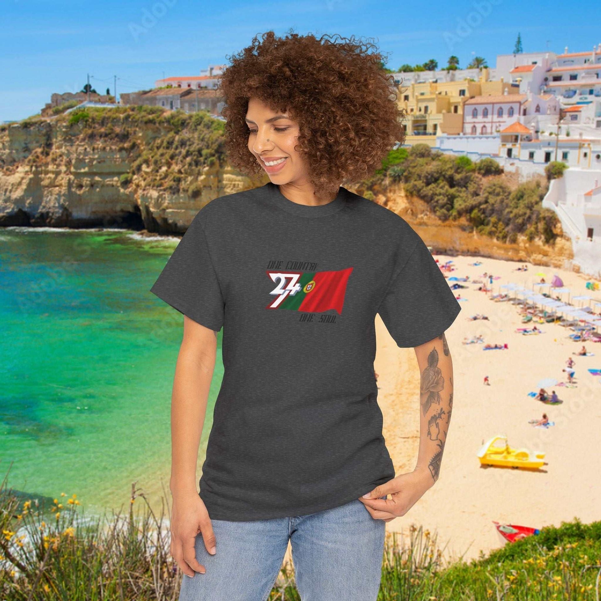 Portugal Graphic Tee featuring hand-drawn Portugal national flag design on a comfortable charcoal cotton shirt on female model