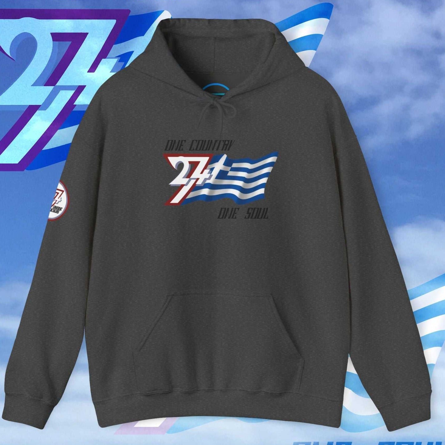A dark, moody Charcoal hoodie featuring the hand-sketched Greek flag and "One Country One Soul" artistic typography.
