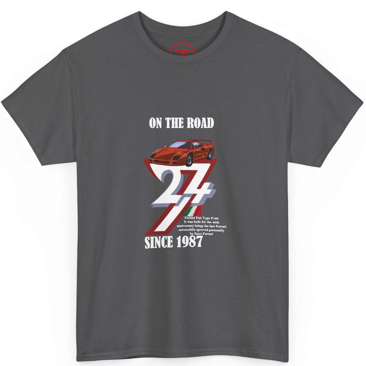 Front view of a charcoal grey born in 1987 t-shirt showcasing the detailed vintage racing car graphic, displayed on a clean background.