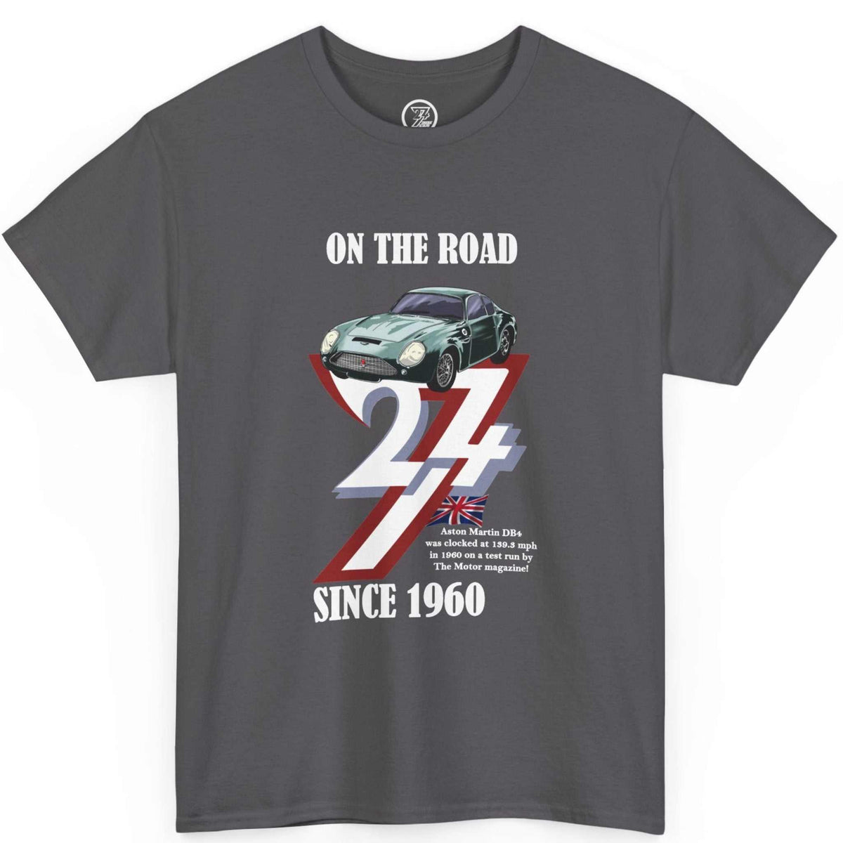Front view of a charcoal grey classic car birthday gift tee featuring the full-color DB4 illustration and white text, laid flat.