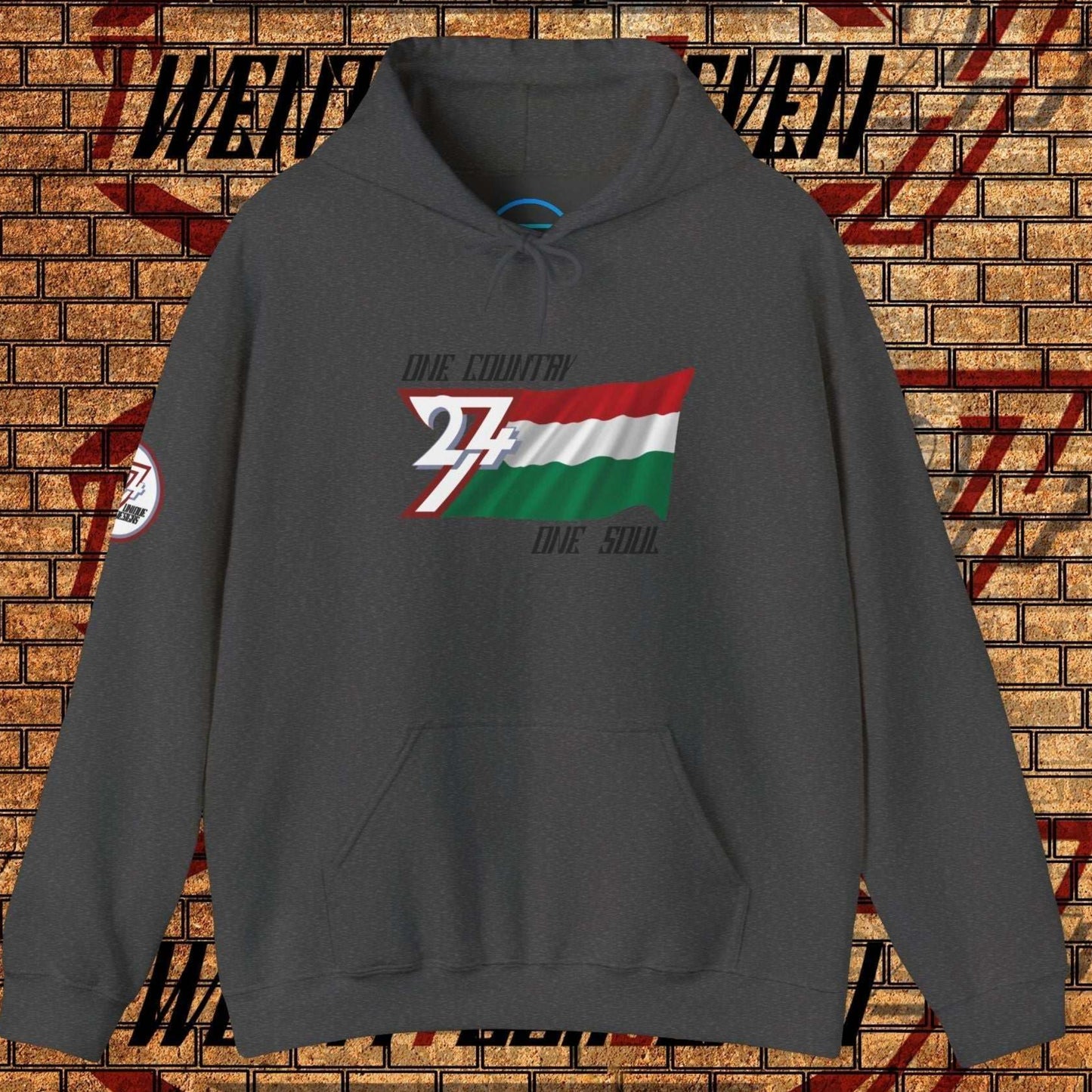 Front view of the Charcoal Magyarország flag hoodie showing the refined hand-drawn design and "One Country One Soul" slogan.