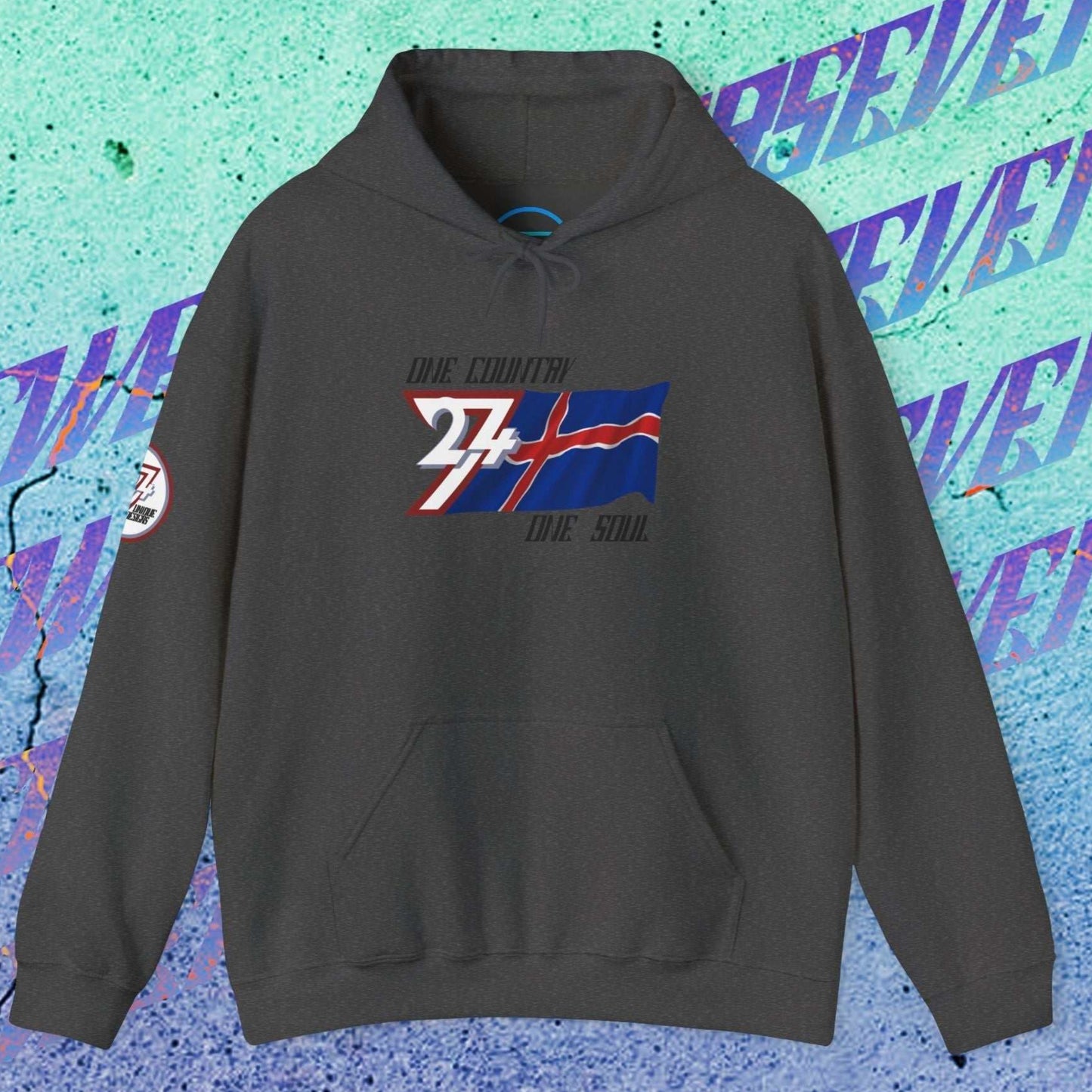 Front view of the Charcoal Ísland flag hoodie showing the refined hand-drawn design and "One Country One Soul" slogan.