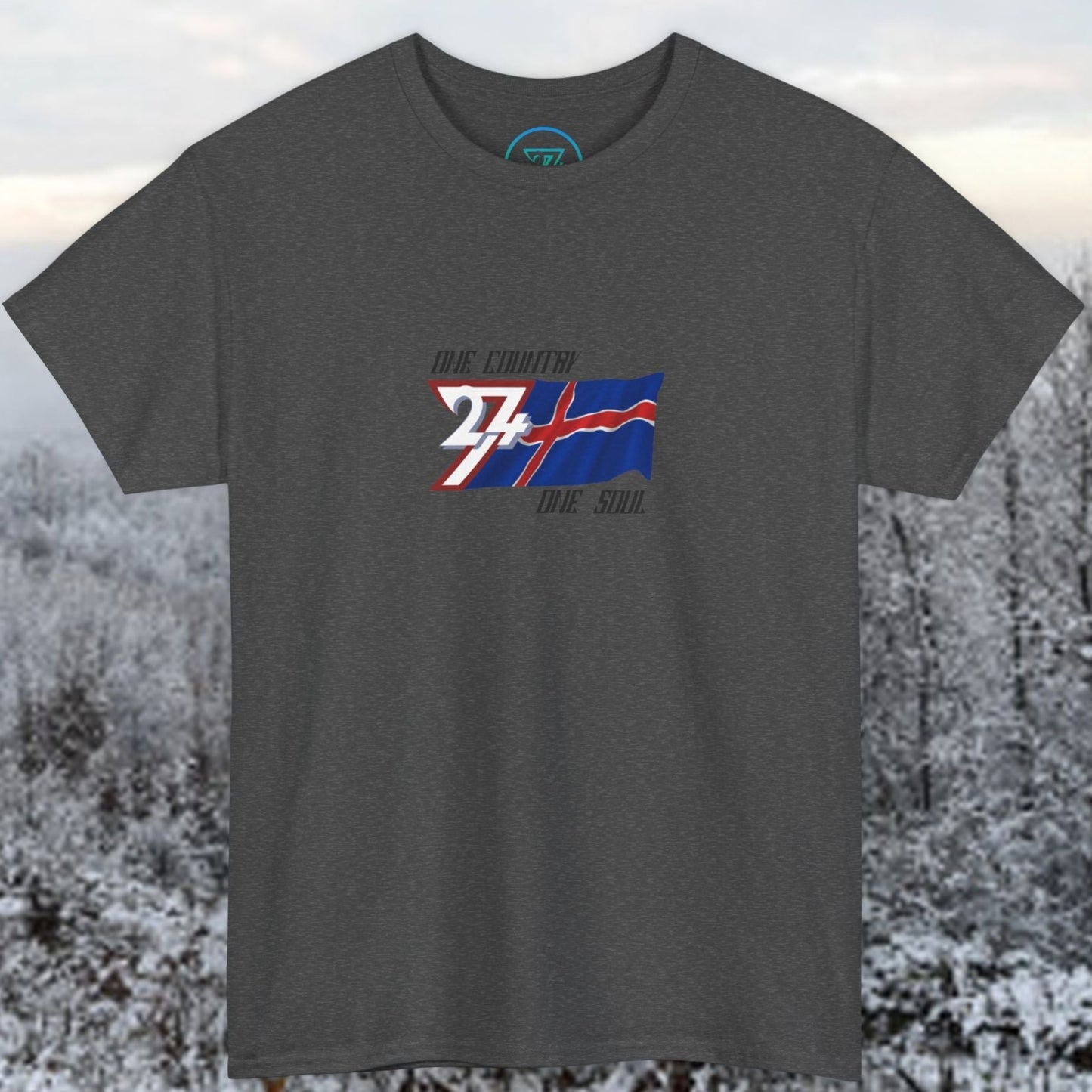 Digitally illustrated Iceland graphic tee in Charcoal showing the hand-drawn flag and 24/7 branding.