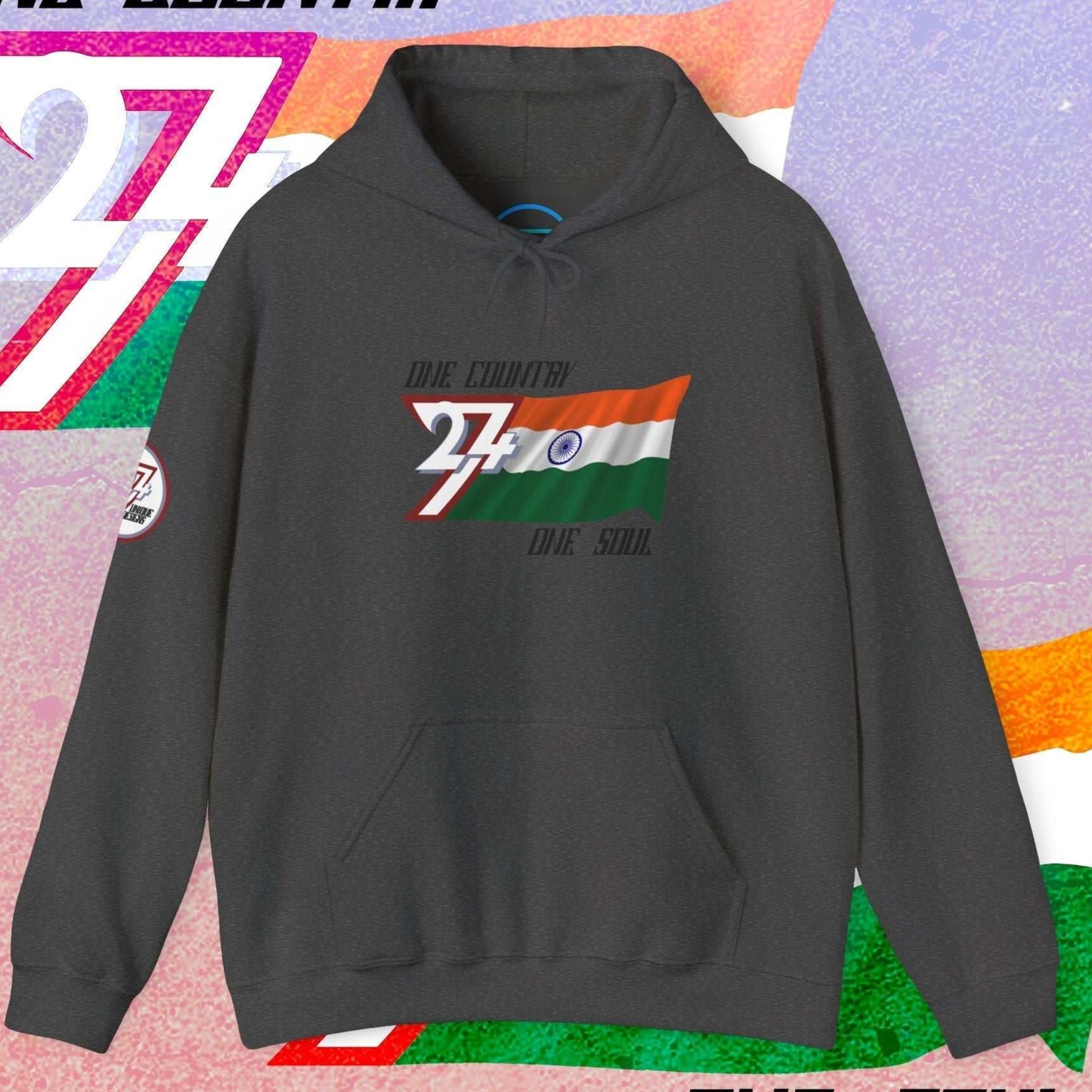 Front view of the Charcoal Bharat flag hoodie showing the refined hand-drawn design and "One Country One Soul" slogan.