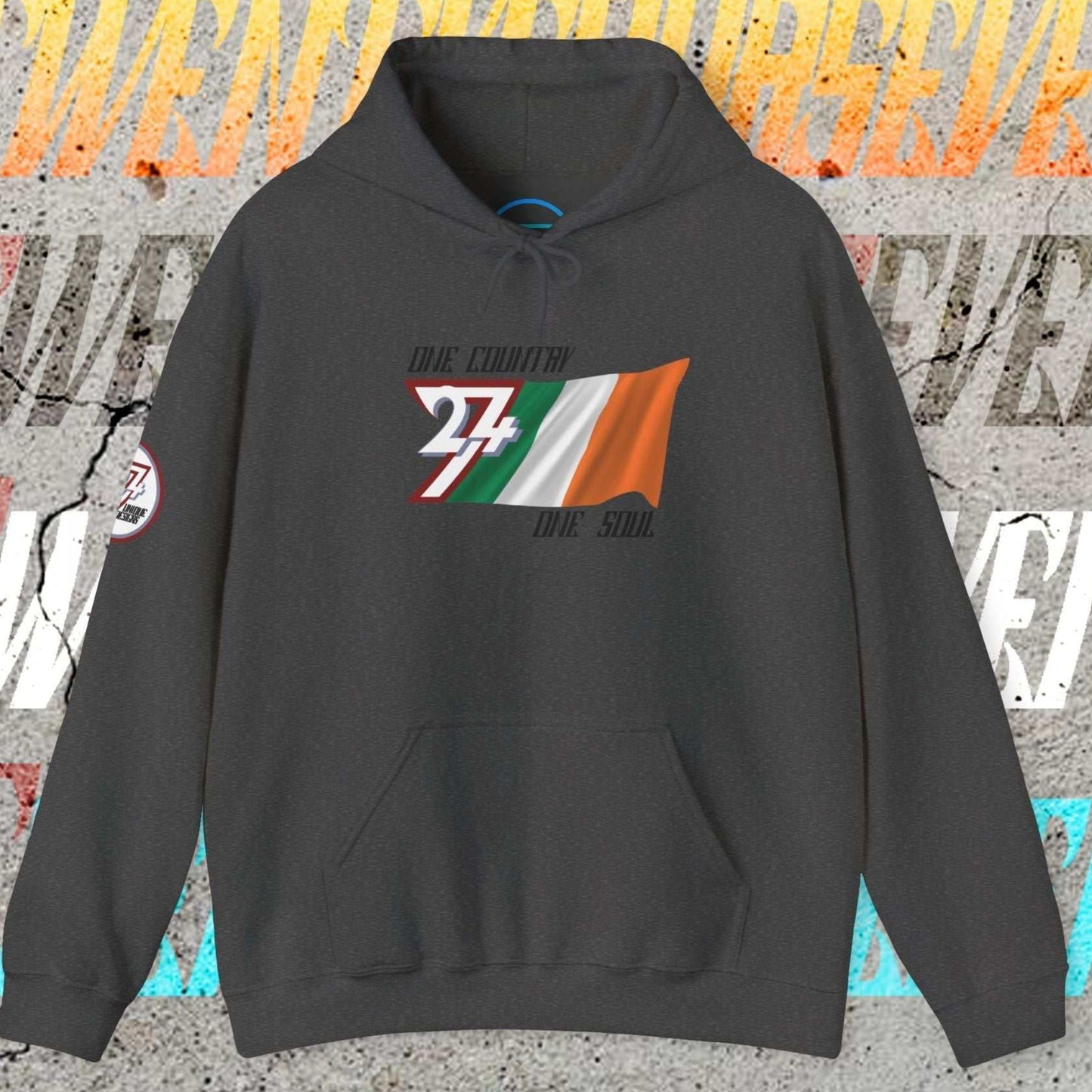 Front view of the Charcoal Éire flag hoodie showing the refined hand-drawn design and "One Country One Soul" slogan.