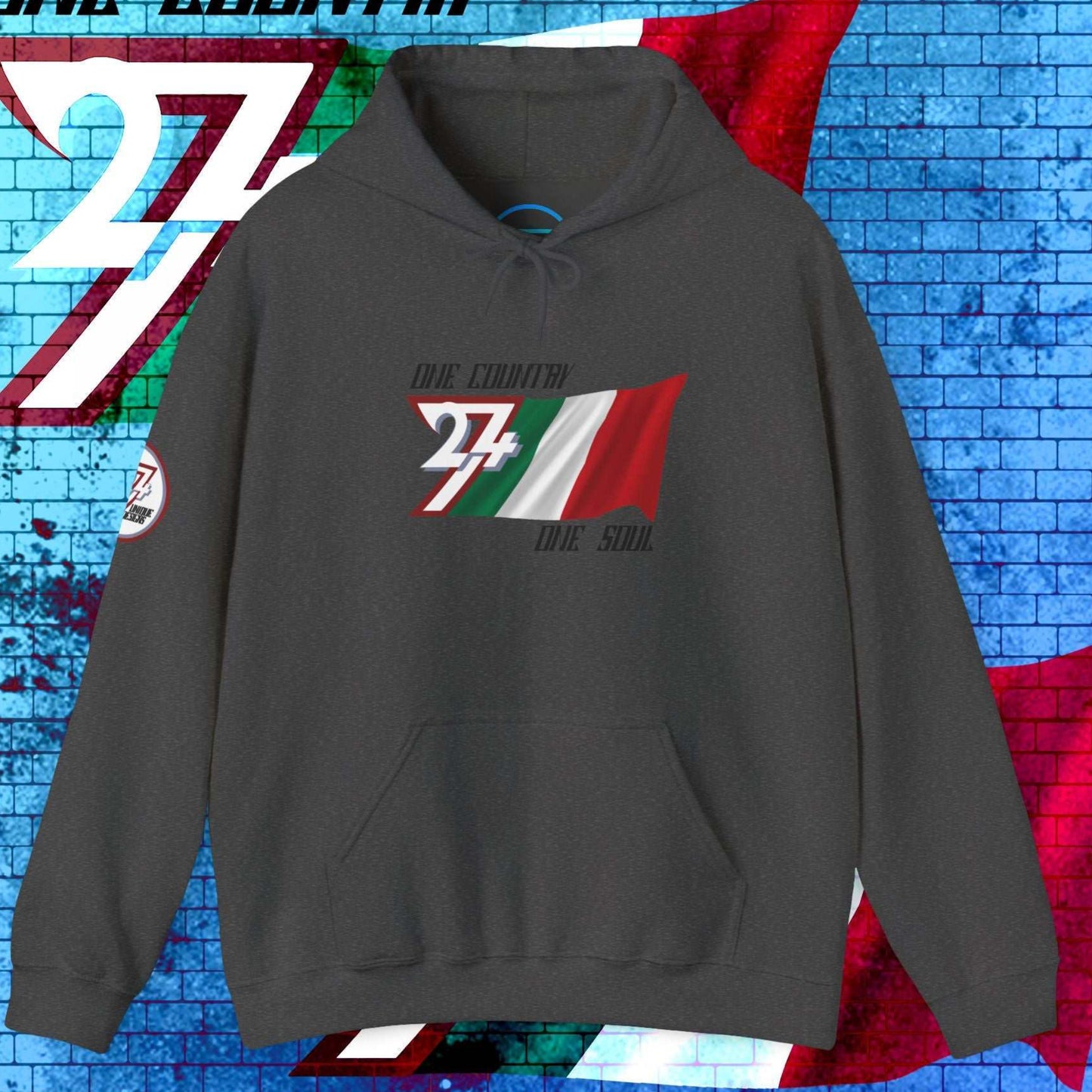 Front view of the Charcoal Italia flag hoodie showing the refined hand-drawn design and "One Country One Soul" slogan.