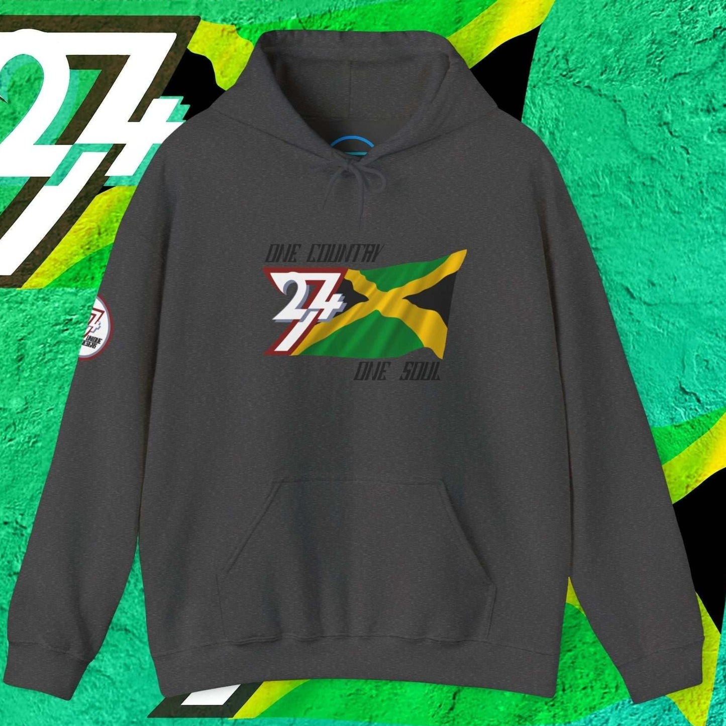 Front view of the Charcoal Jamaica flag hoodie showing the refined hand-drawn design and "One Country One Soul" slogan.