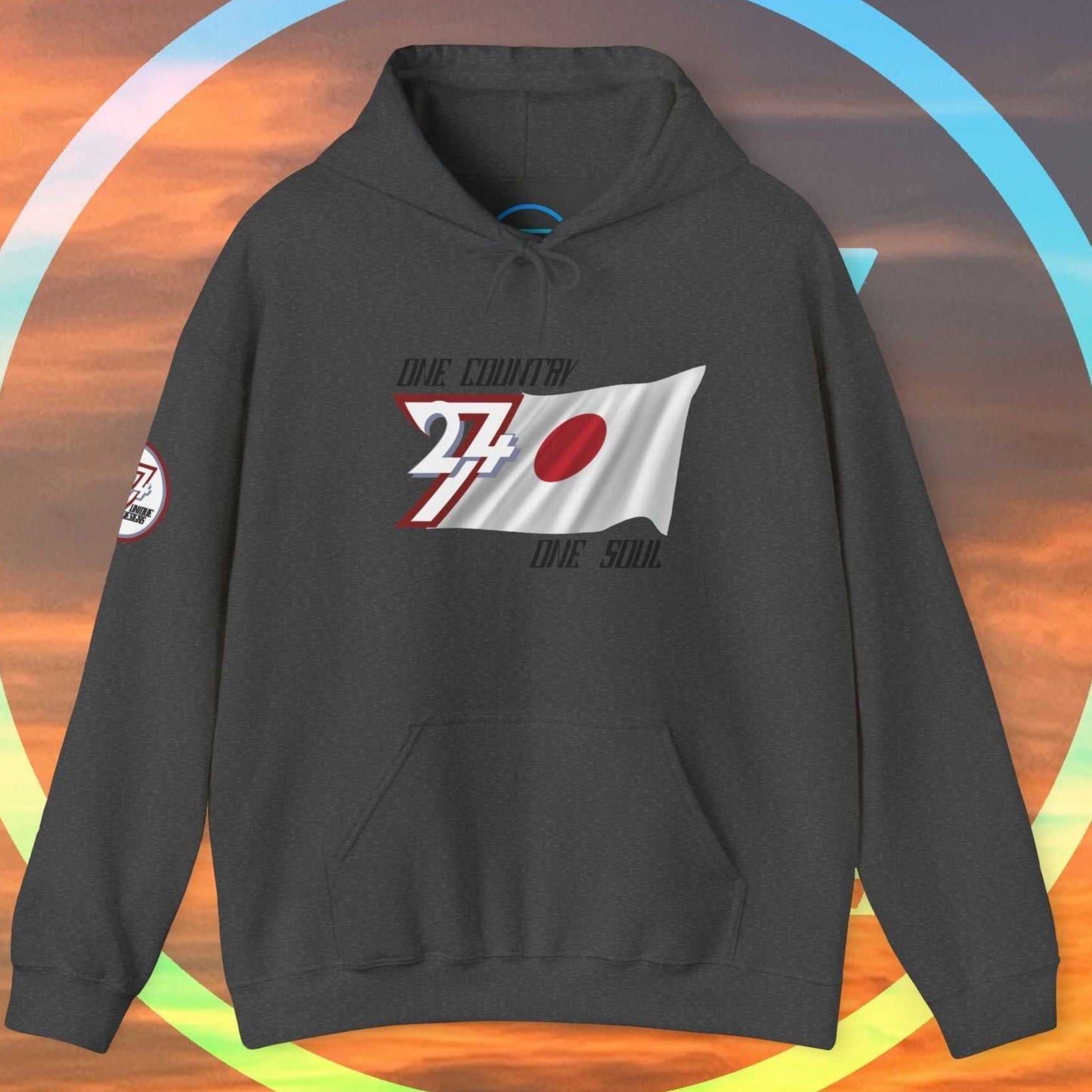 Front view of the Charcoal Nihon flag hoodie showing the refined hand-drawn design and "One Country One Soul" slogan.