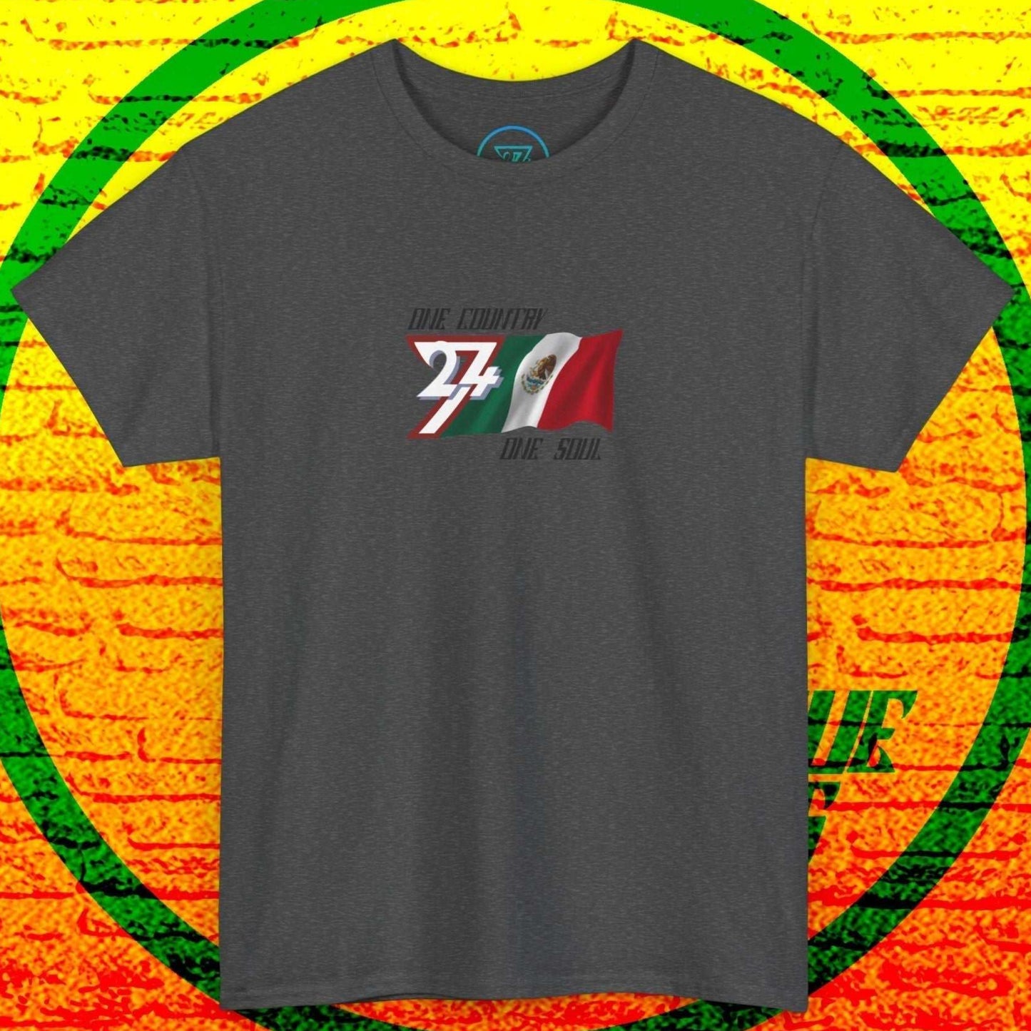 Digitally illustrated Mexico graphic tee in Charcoal showing the hand-drawn flag and 24/7 branding.