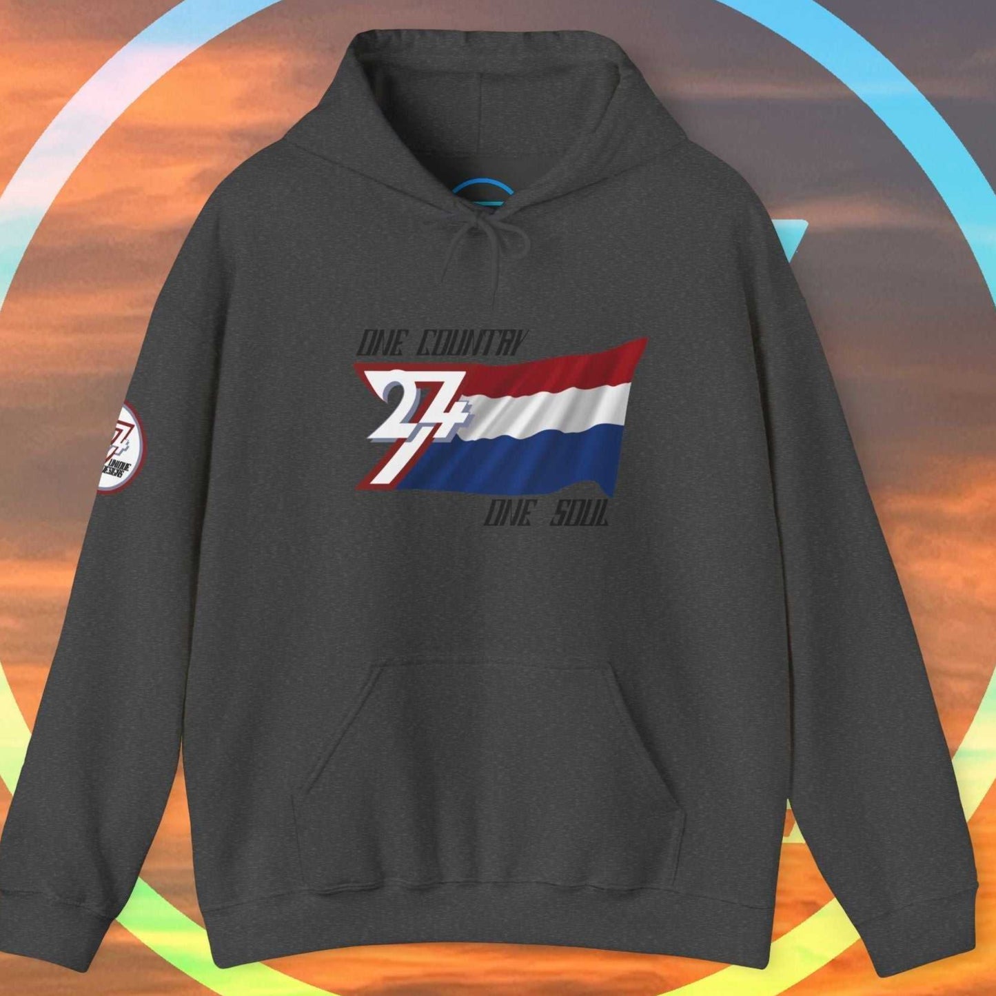 Front view of the Charcoal Nederland flag hoodie showing the refined hand-drawn design and "One Country One Soul" slogan.