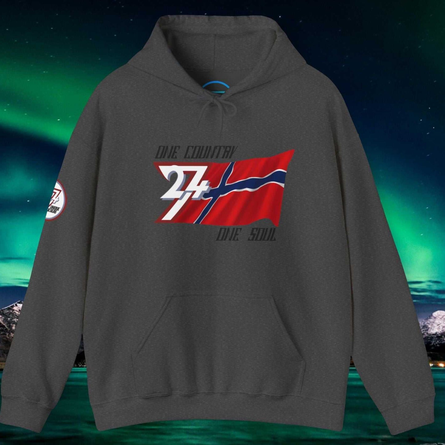 Front view of the Charcoal Norge flag hoodie showing the refined hand-drawn design and "One Country One Soul" slogan.