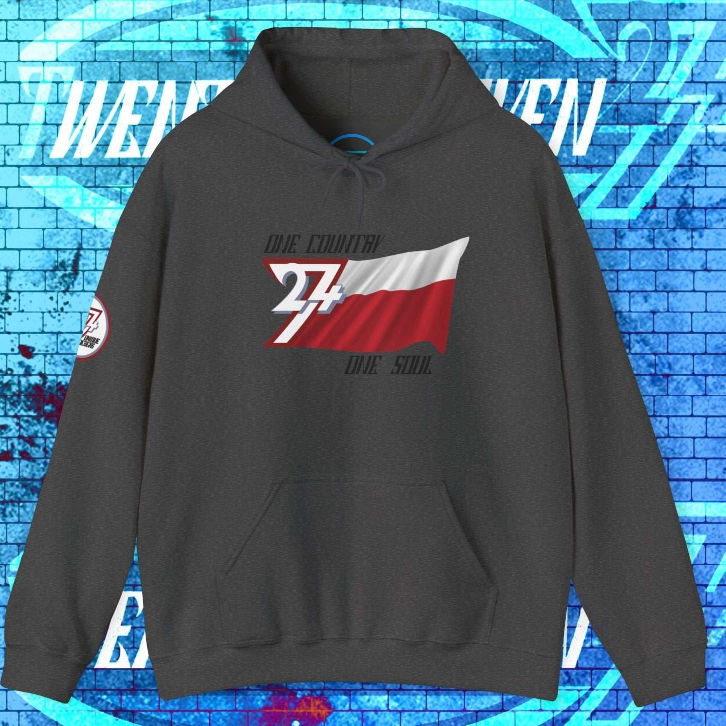 Front view of the Charcoal Polska flag hoodie showing the refined hand-drawn design and "One Country One Soul" slogan.